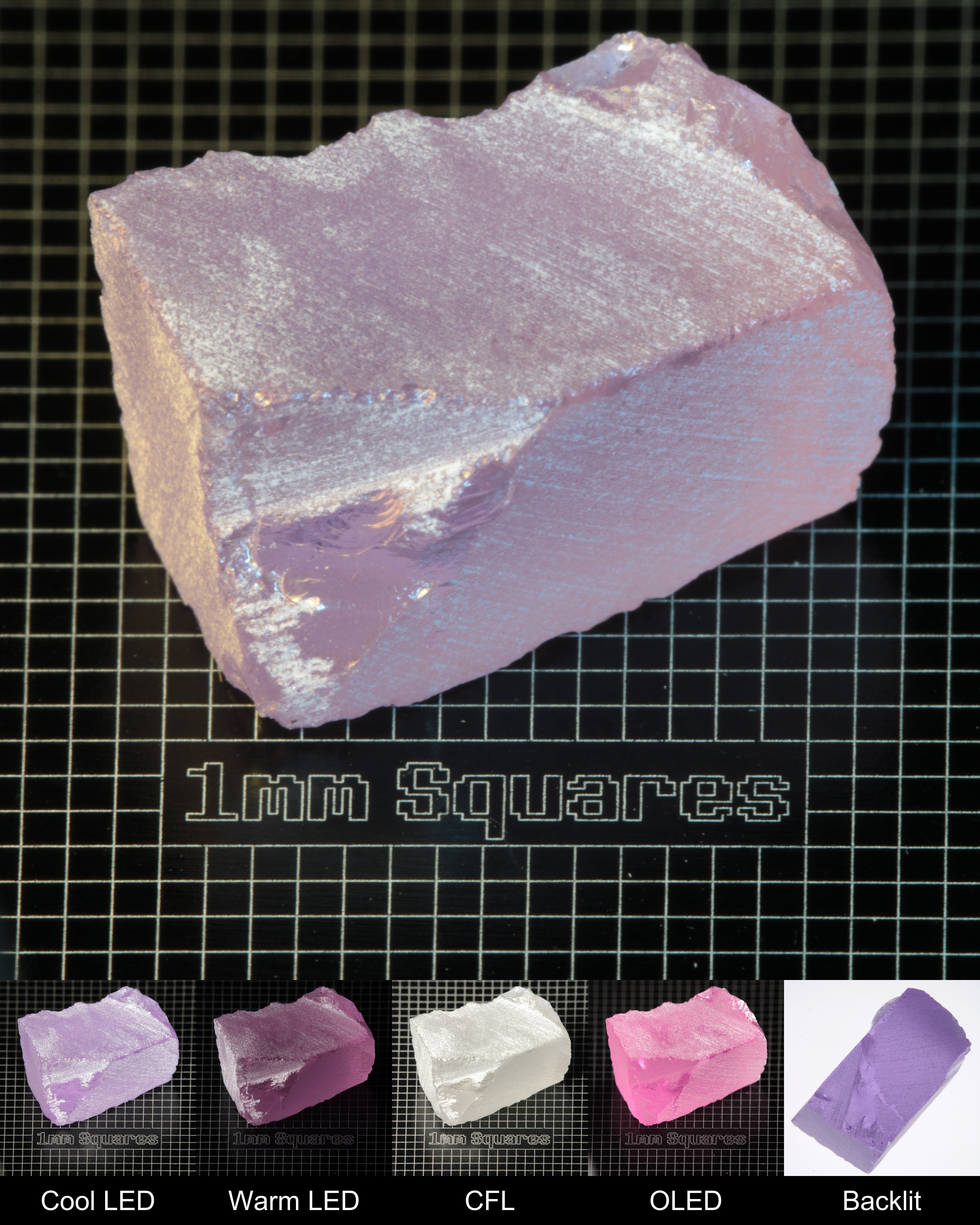 Nd:GGG Block Gem Rough Under Multiple Lights Showing the Color Change