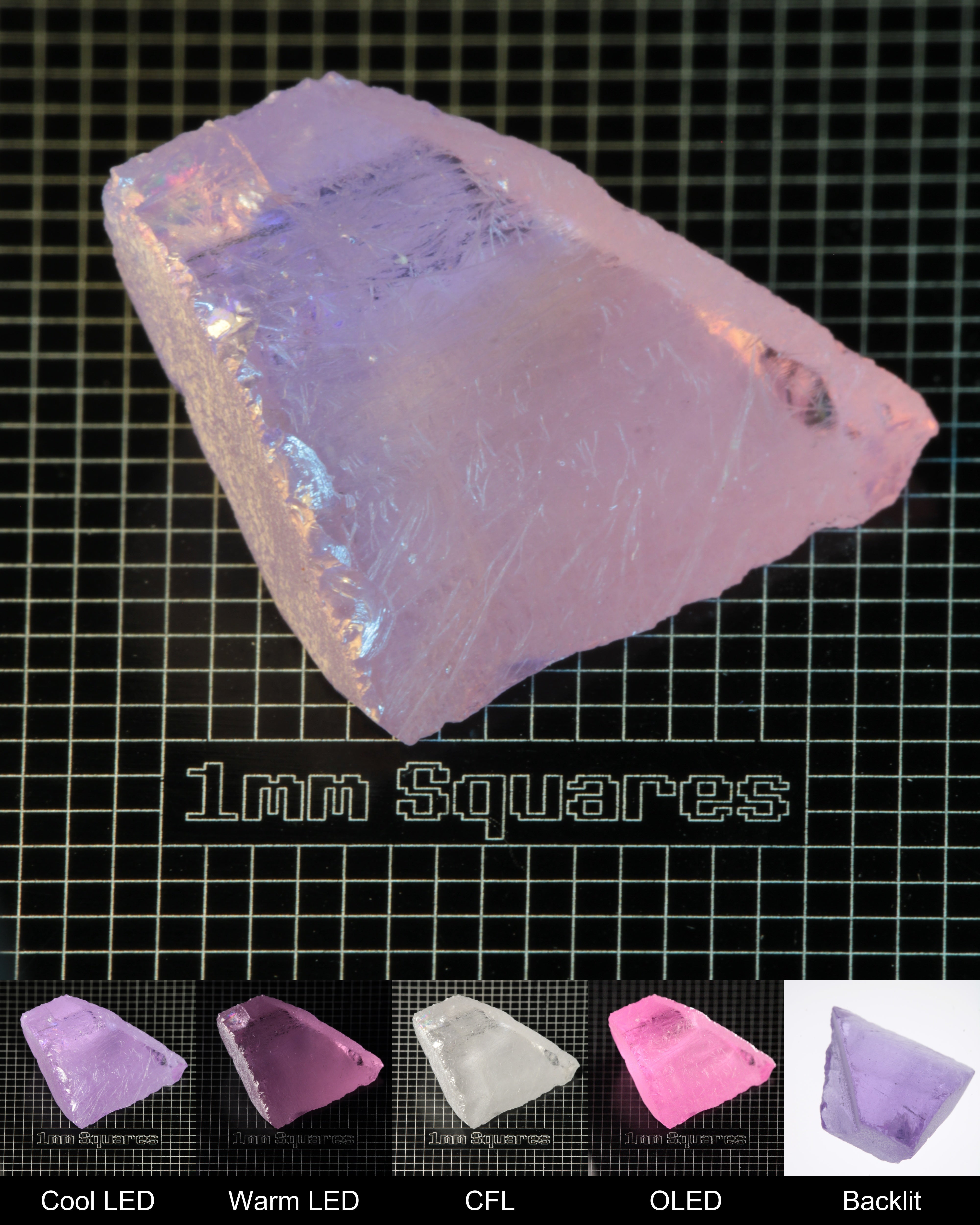 Nd:GGG Edge Gem Rough Under Multiple Lights Showing the Color Change