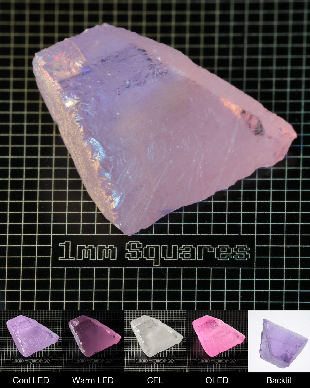 Nd:GGG Edge Gem Rough Under Multiple Lights Showing the Color Change