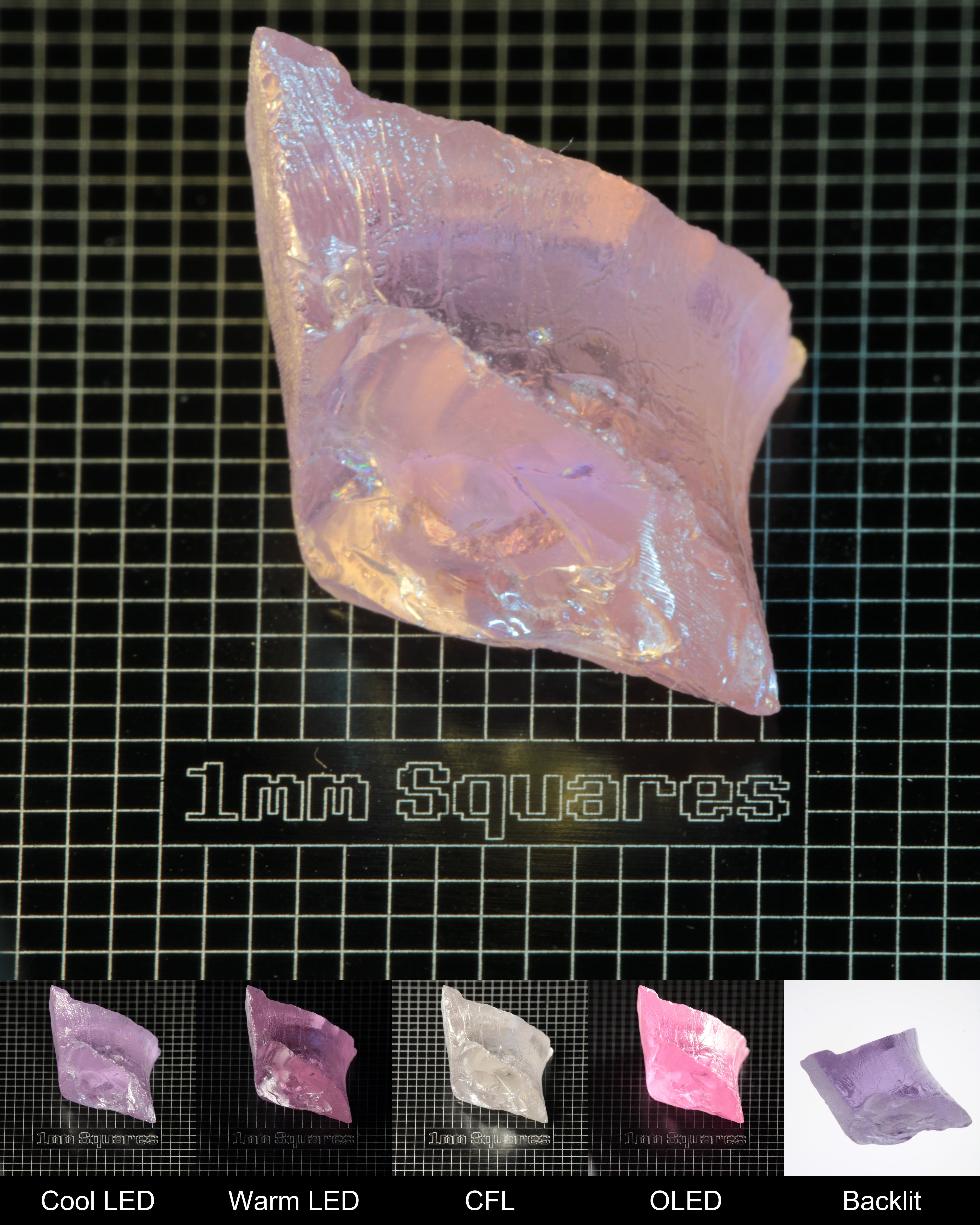 Nd:GGG Chunk Gem Rough Under Multiple Lights Showing the Color Change