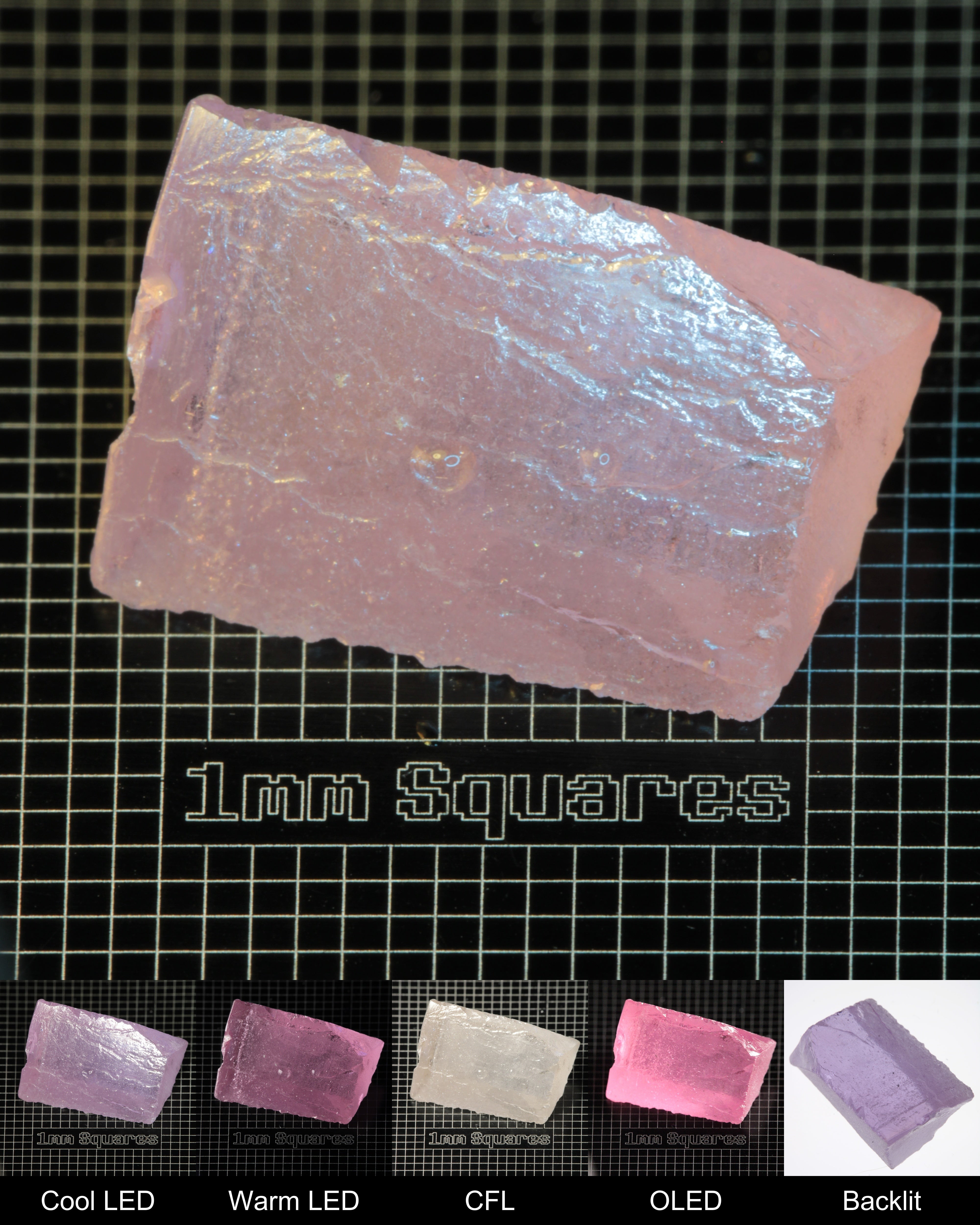 Nd:GGG Wedge Gem Rough Under Multiple Lights Showing the Color Change