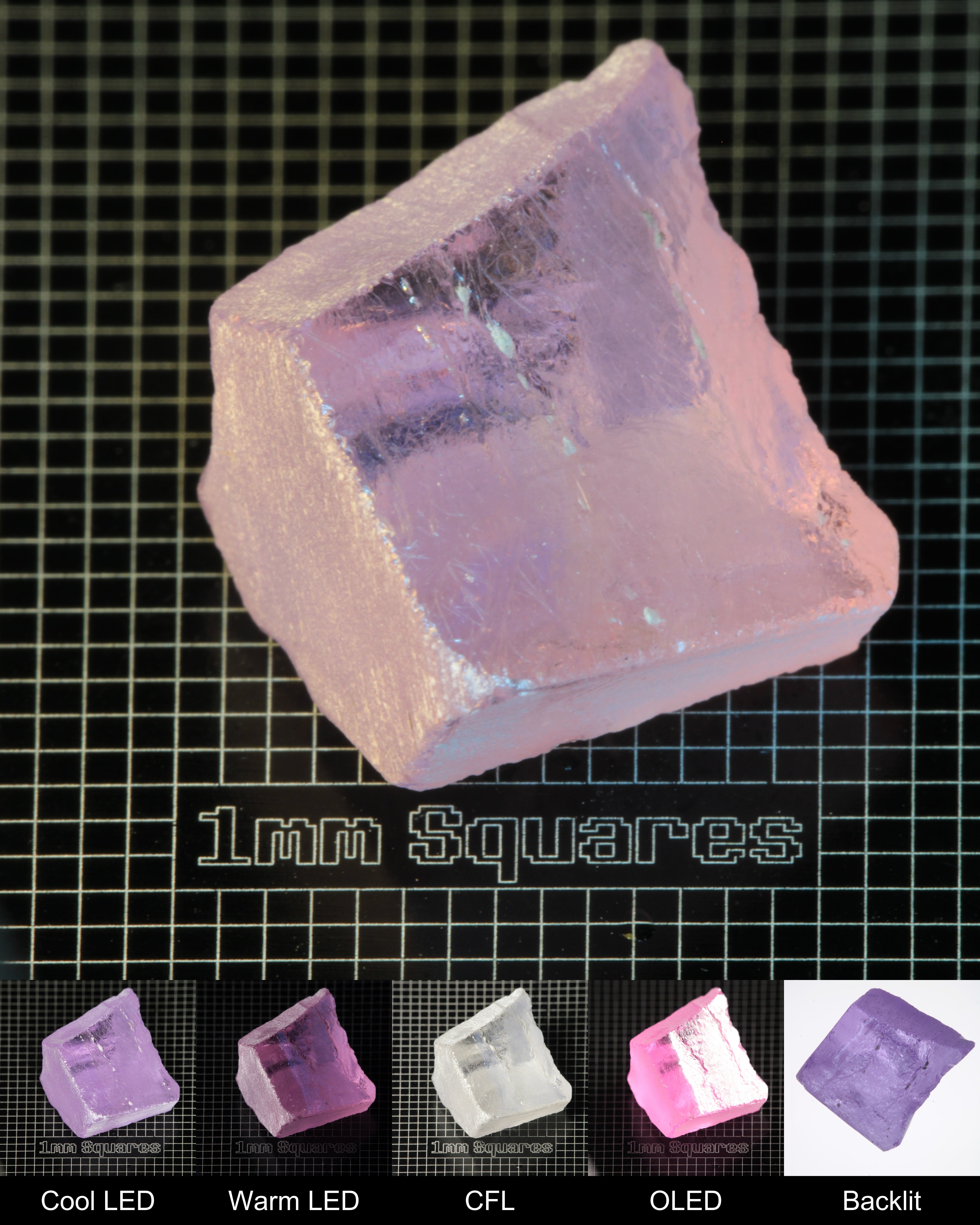 Nd:GGG Block Gem Rough Under Multiple Lights Showing the Color Change