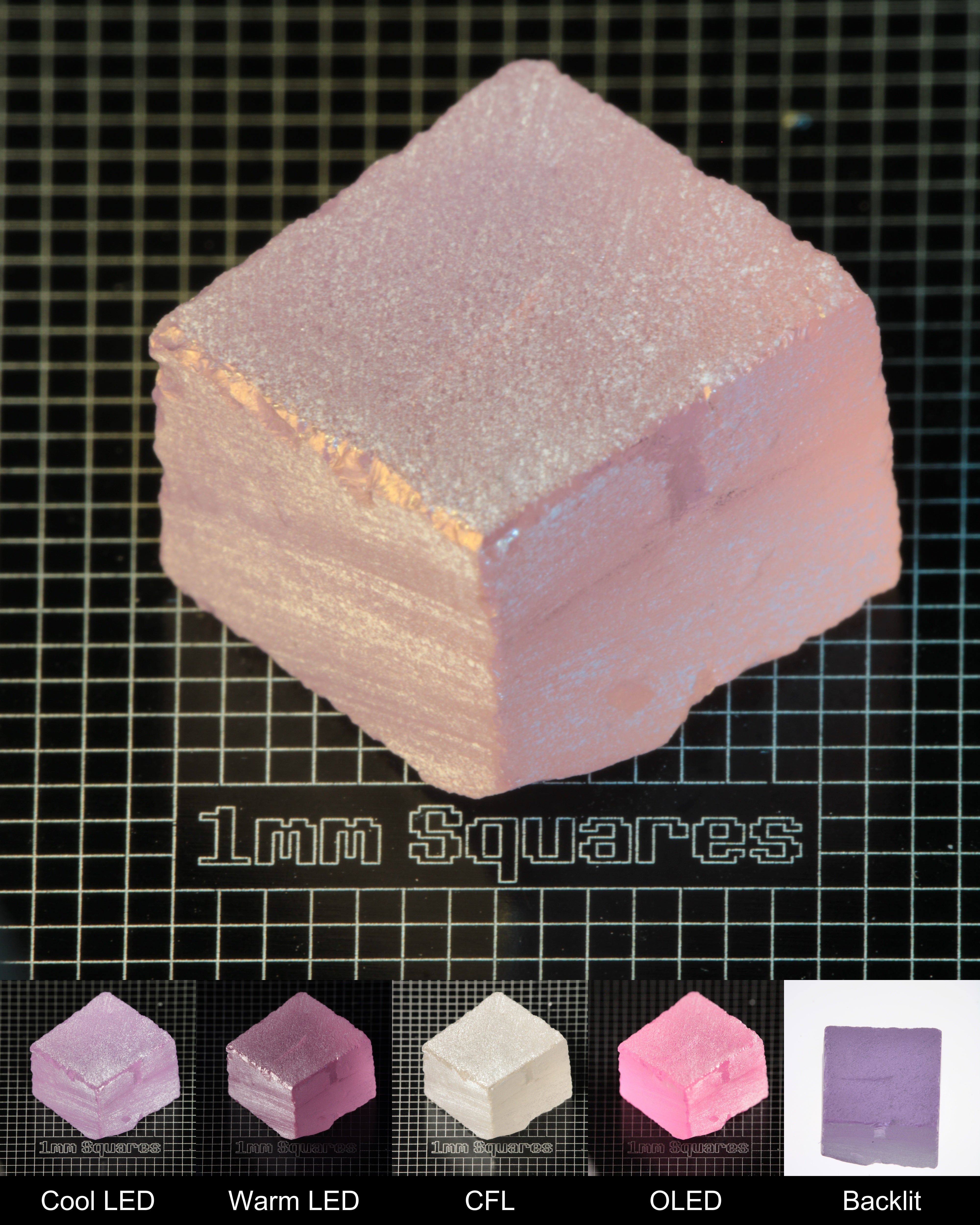 Nd:GGG Block (Surface Crack) Gem Rough Under Multiple Lights Showing the Color Change