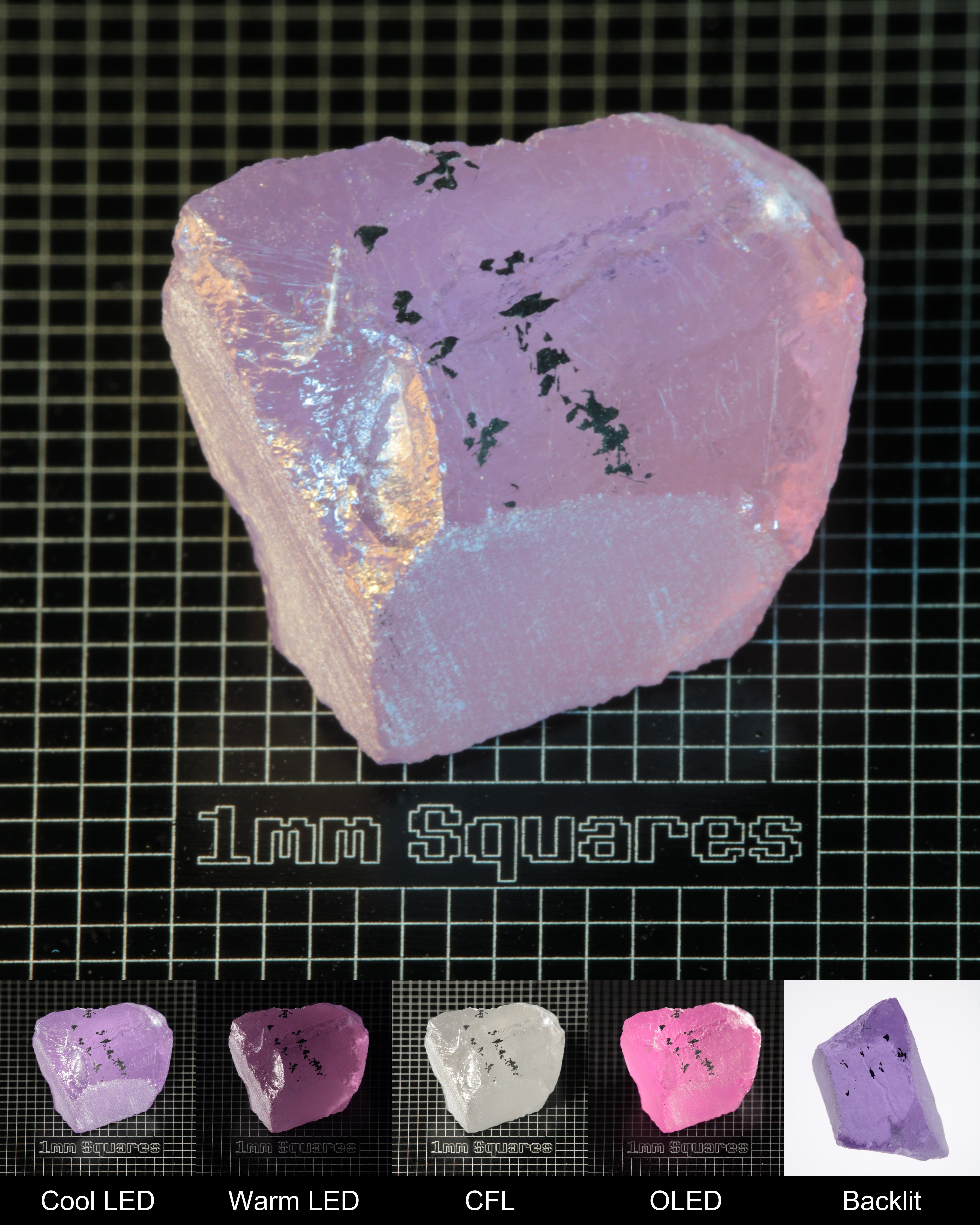 Nd:GGG Block Gem Rough Under Multiple Lights Showing the Color Change