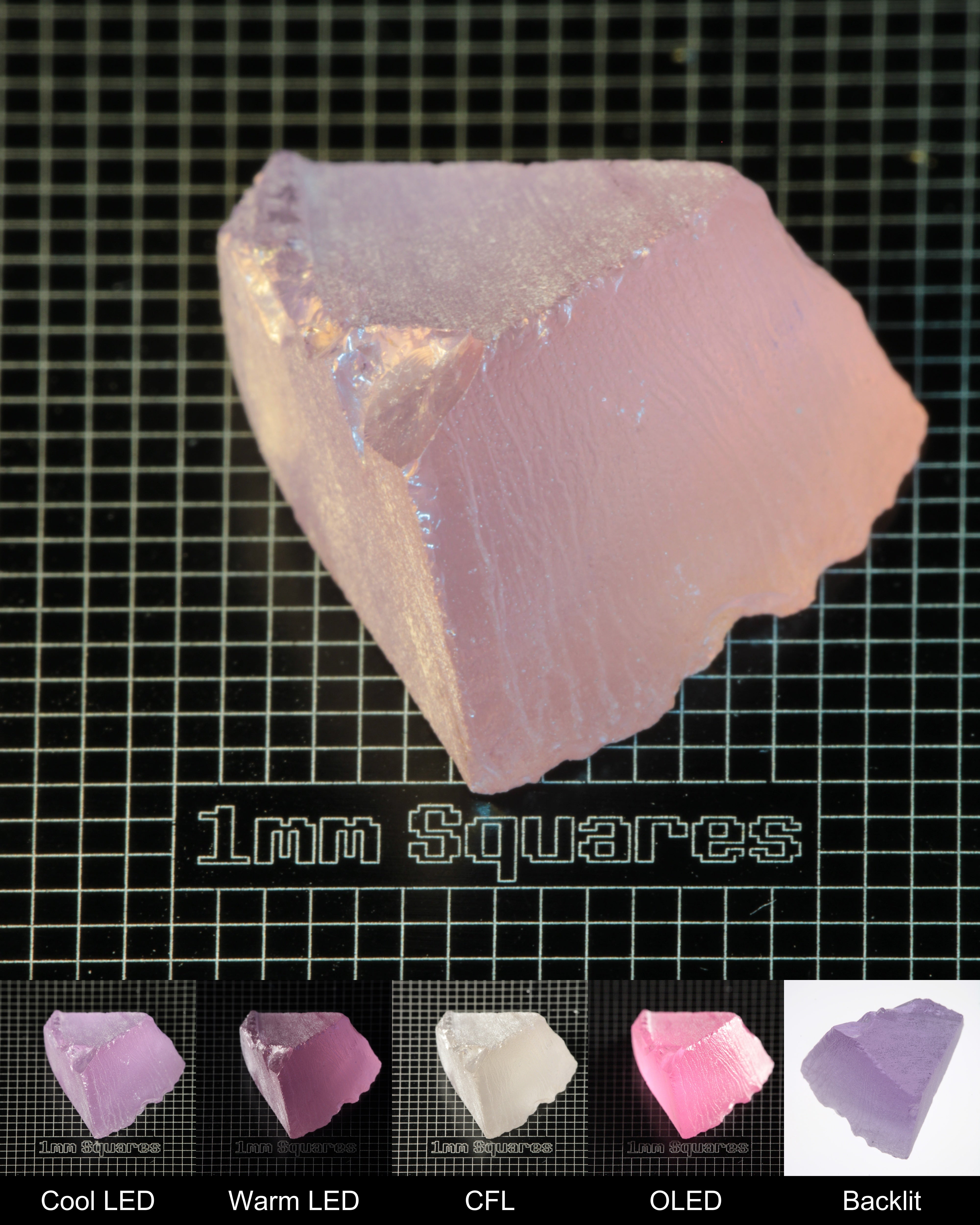 Nd:GGG Wedge Gem Rough Under Multiple Lights Showing the Color Change