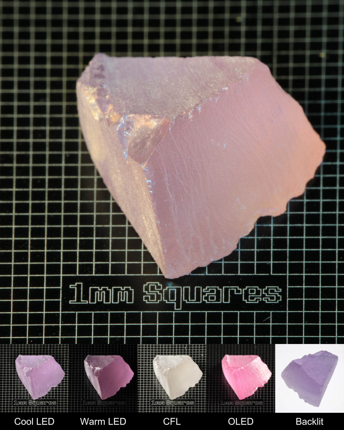 Nd:GGG Wedge Gem Rough Under Multiple Lights Showing the Color Change