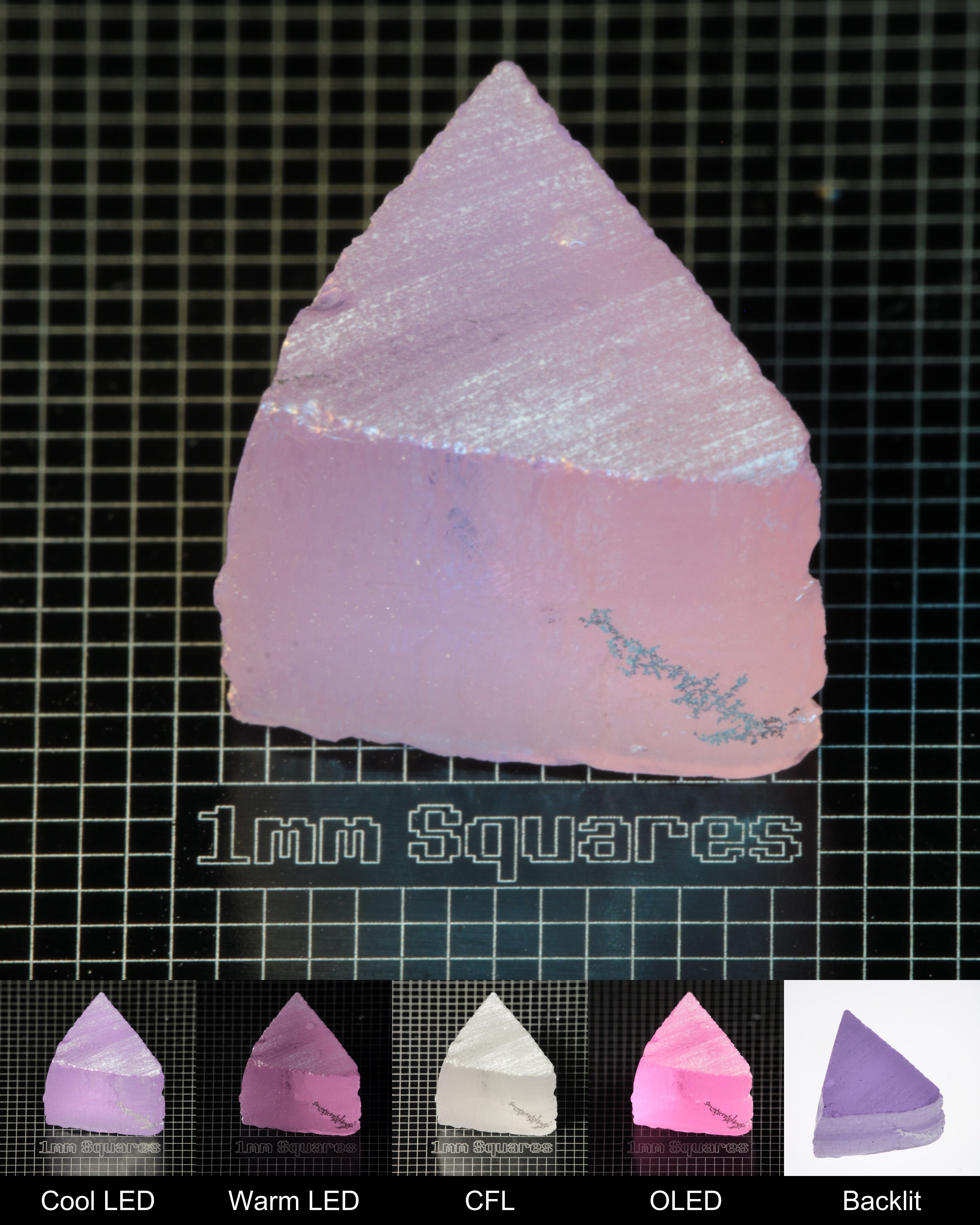 Nd:GGG Triangular Wedge Gem Rough Under Multiple Lights Showing the Color Change