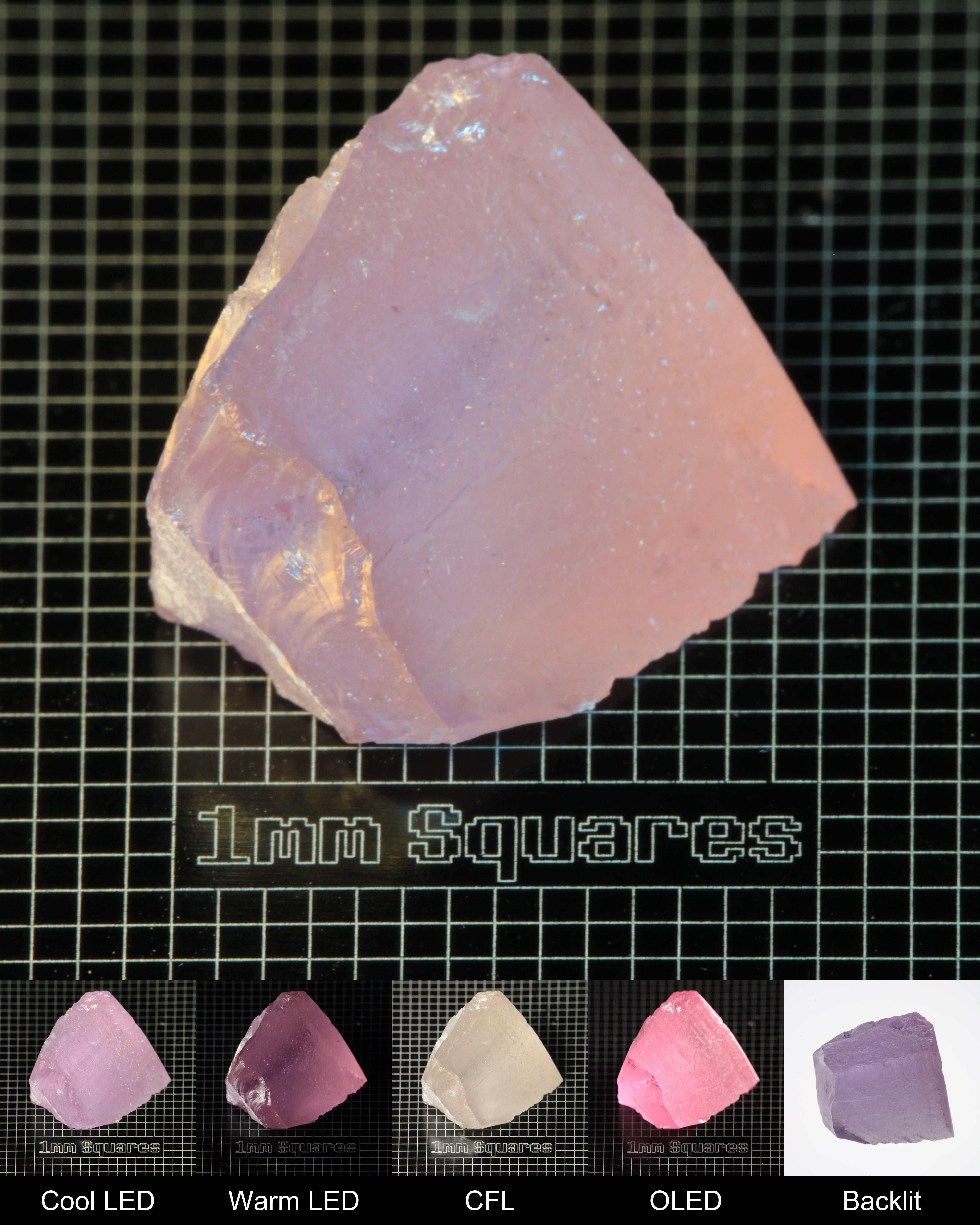 Nd:GGG Corner Gem Rough Under Multiple Lights Showing the Color Change