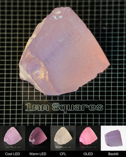 Nd:GGG Corner Gem Rough Under Multiple Lights Showing the Color Change