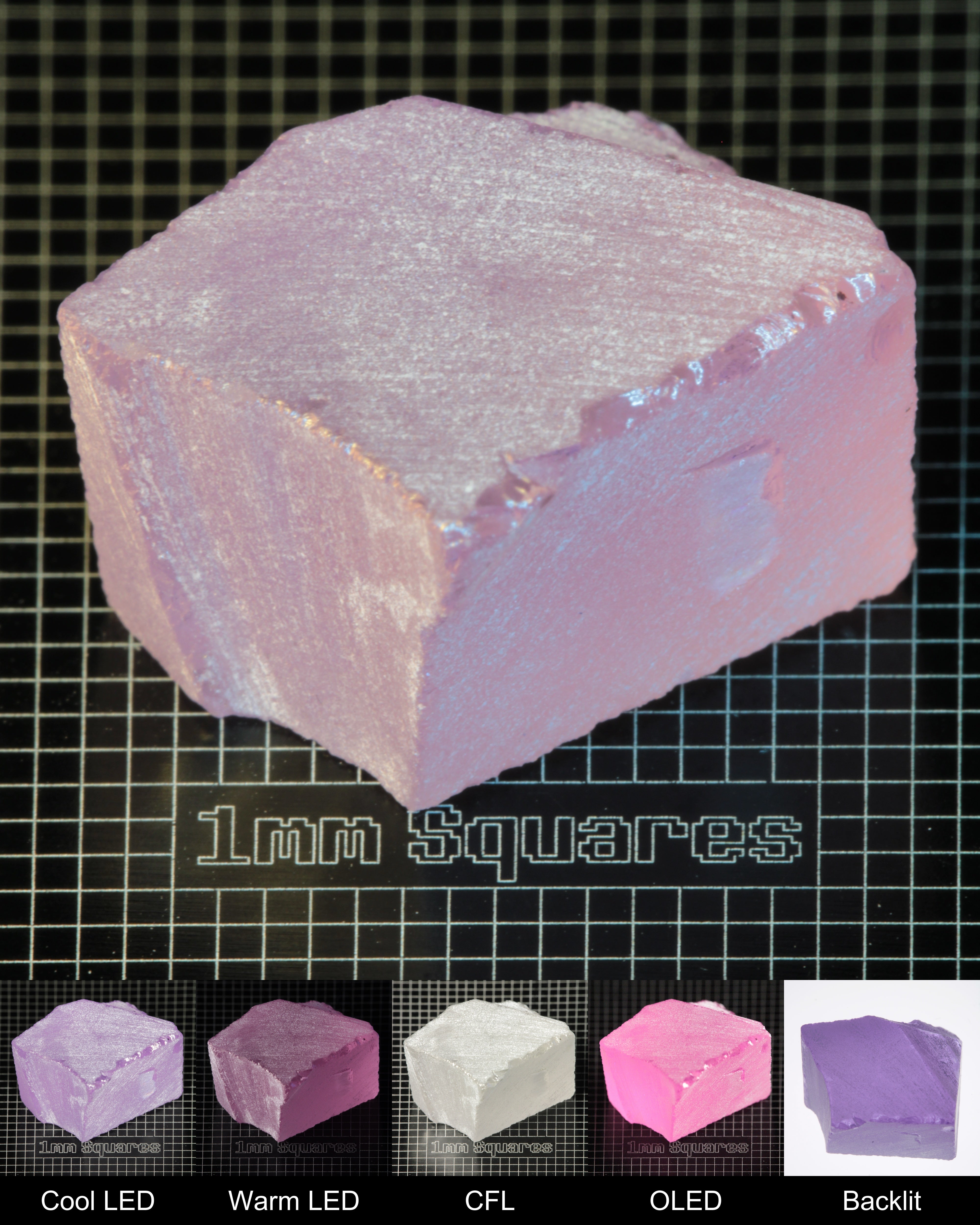 Nd:GGG Block Gem Rough Under Multiple Lights Showing the Color Change