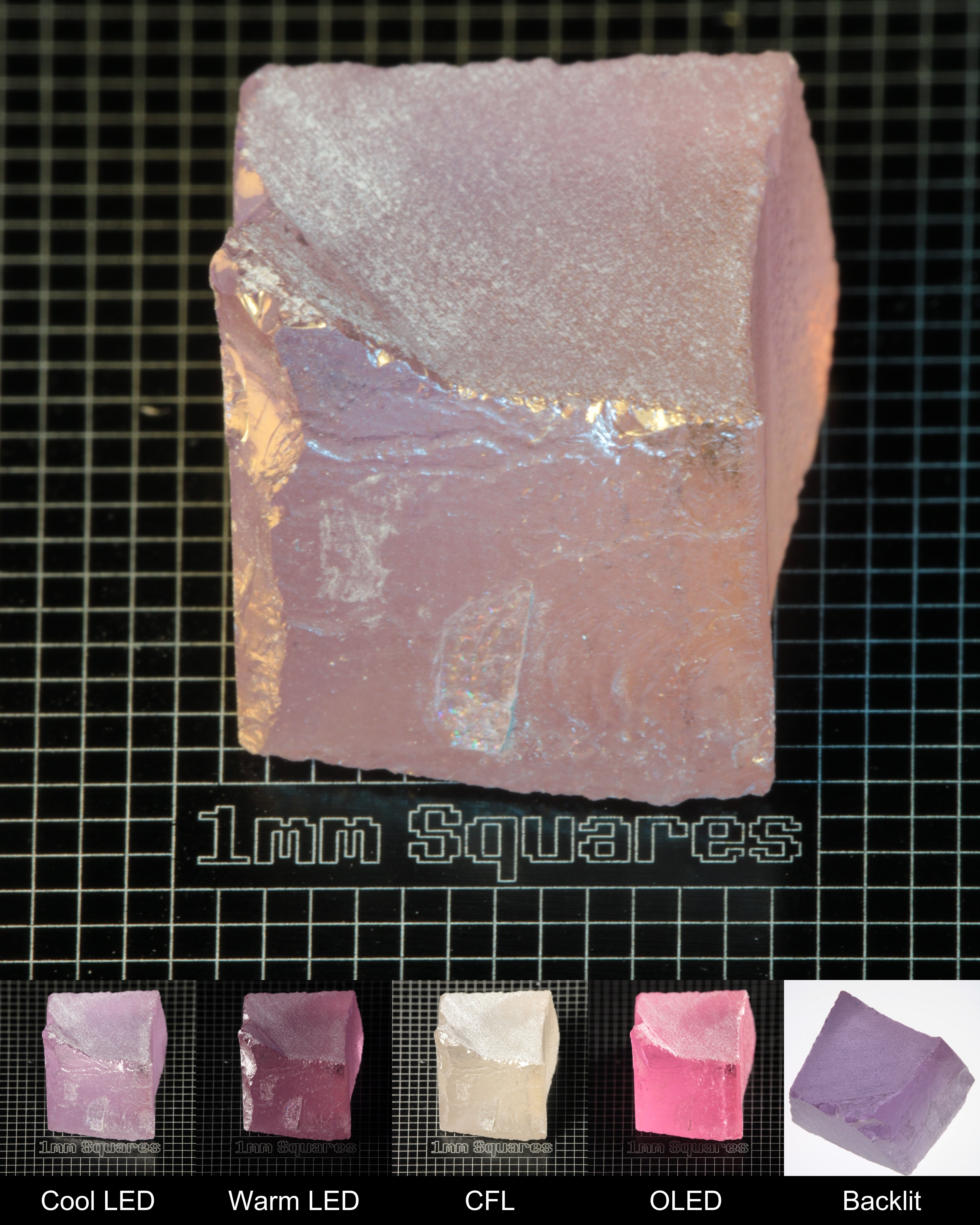 Nd:GGG Block Gem Rough Under Multiple Lights Showing the Color Change