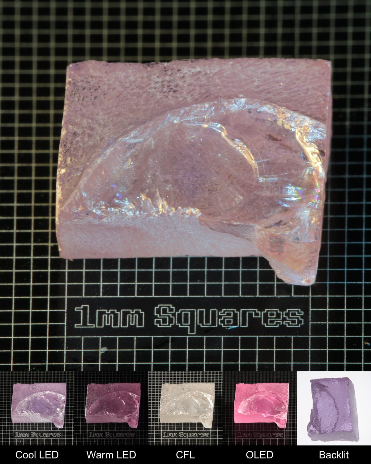 Nd:GGG Block Gem Rough Under Multiple Lights Showing the Color Change