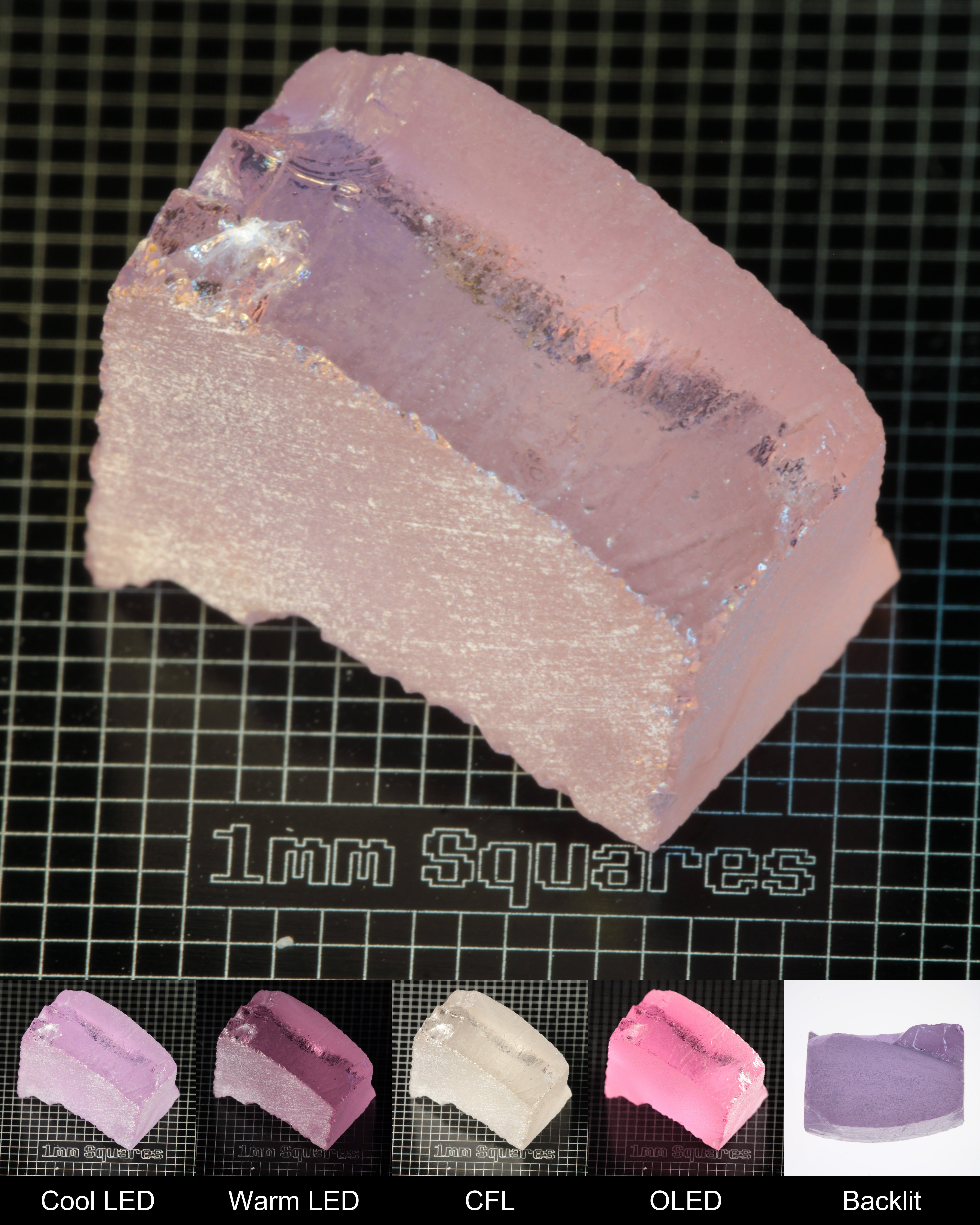 Nd:GGG Block Gem Rough Under Multiple Lights Showing the Color Change