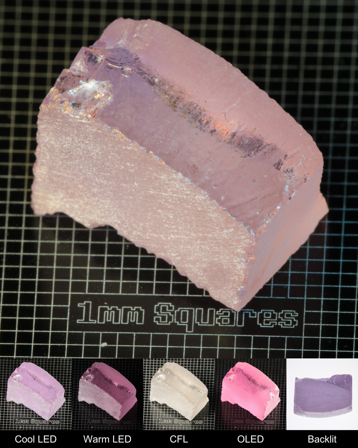 Nd:GGG Block Gem Rough Under Multiple Lights Showing the Color Change