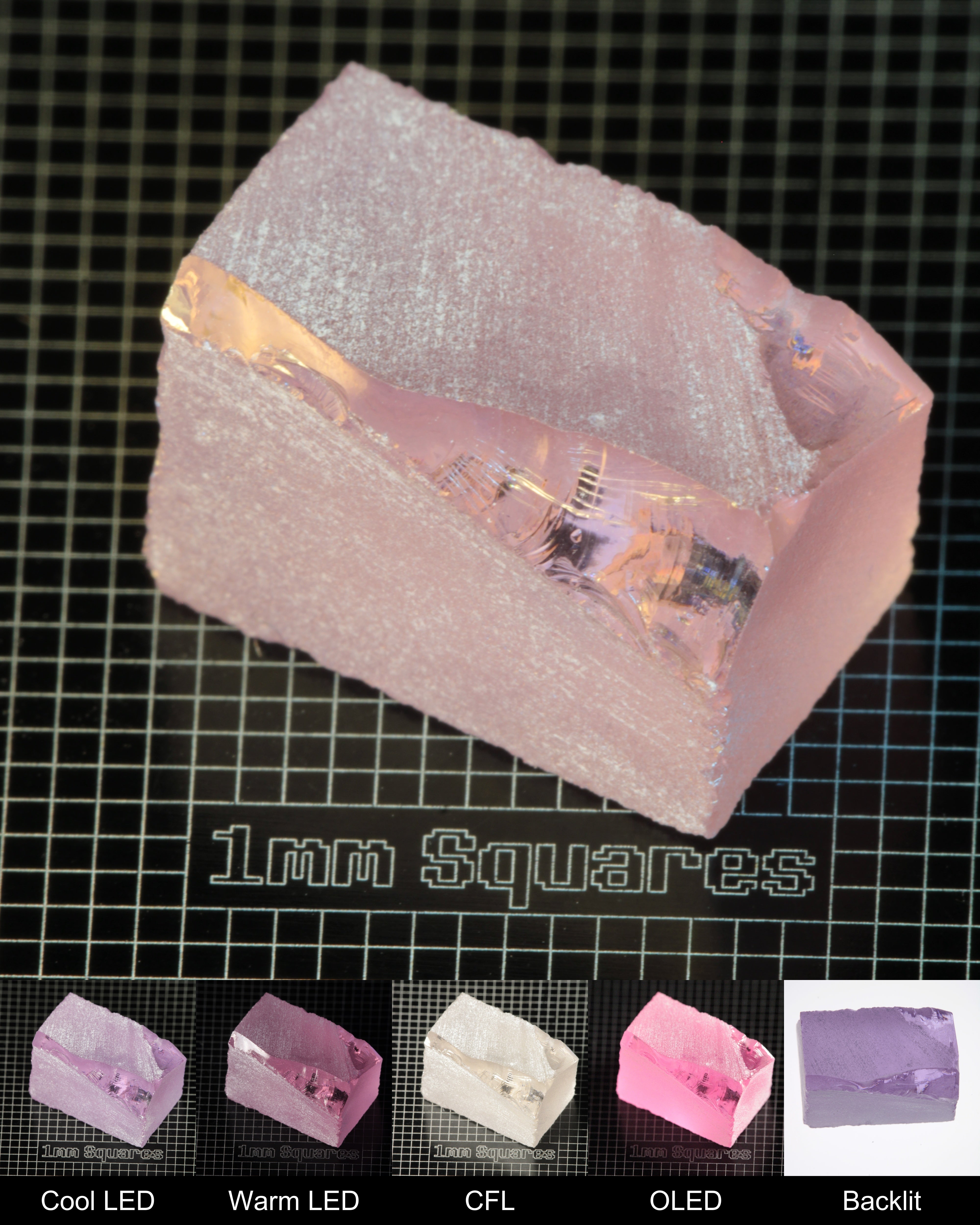 Nd:GGG Block Gem Rough Under Multiple Lights Showing the Color Change