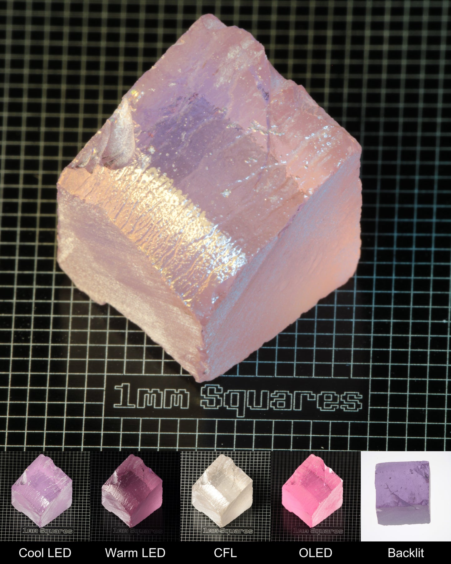 Nd:GGG Block Gem Rough Under Multiple Lights Showing the Color Change
