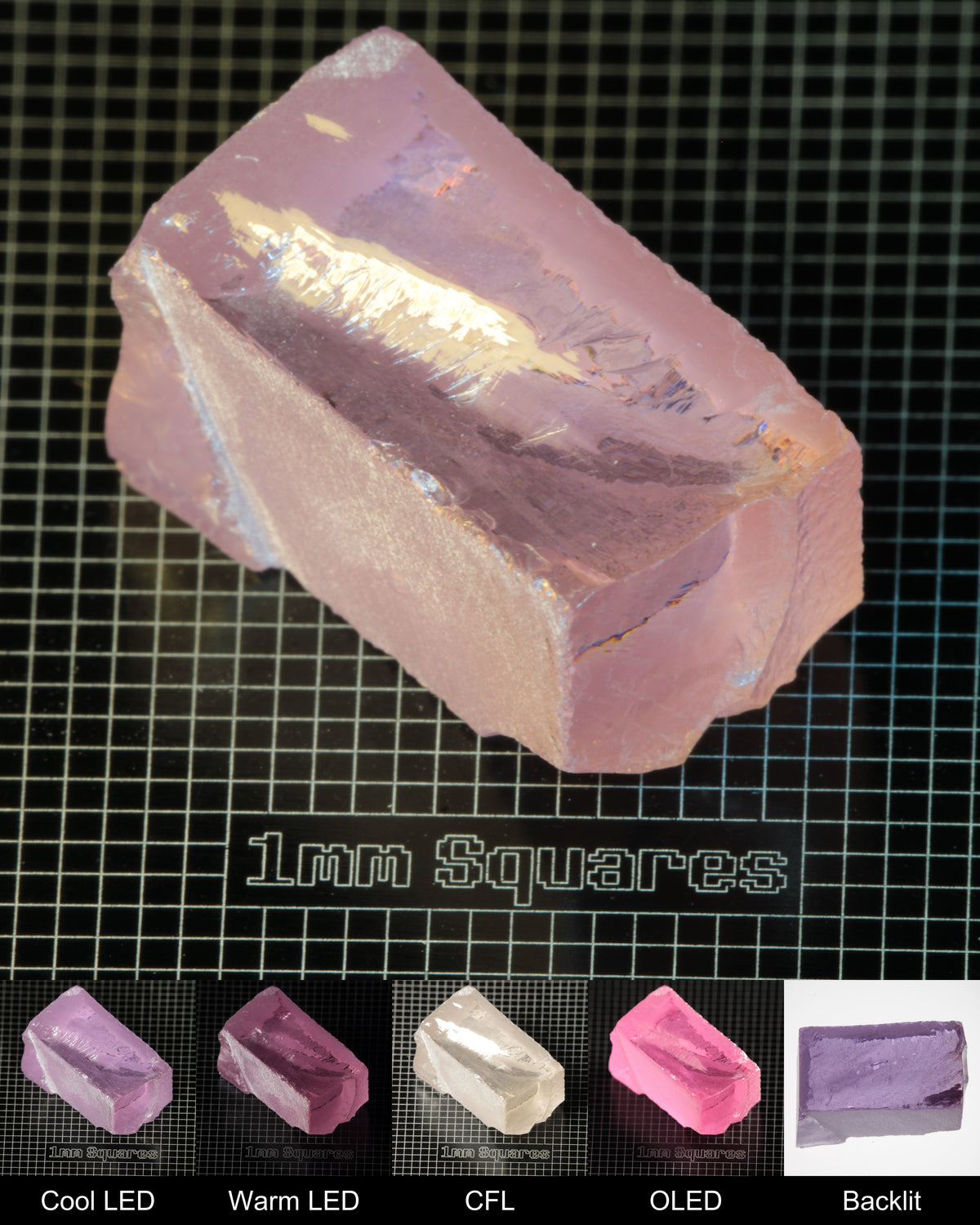 Nd:GGG Block Gem Rough Under Multiple Lights Showing the Color Change