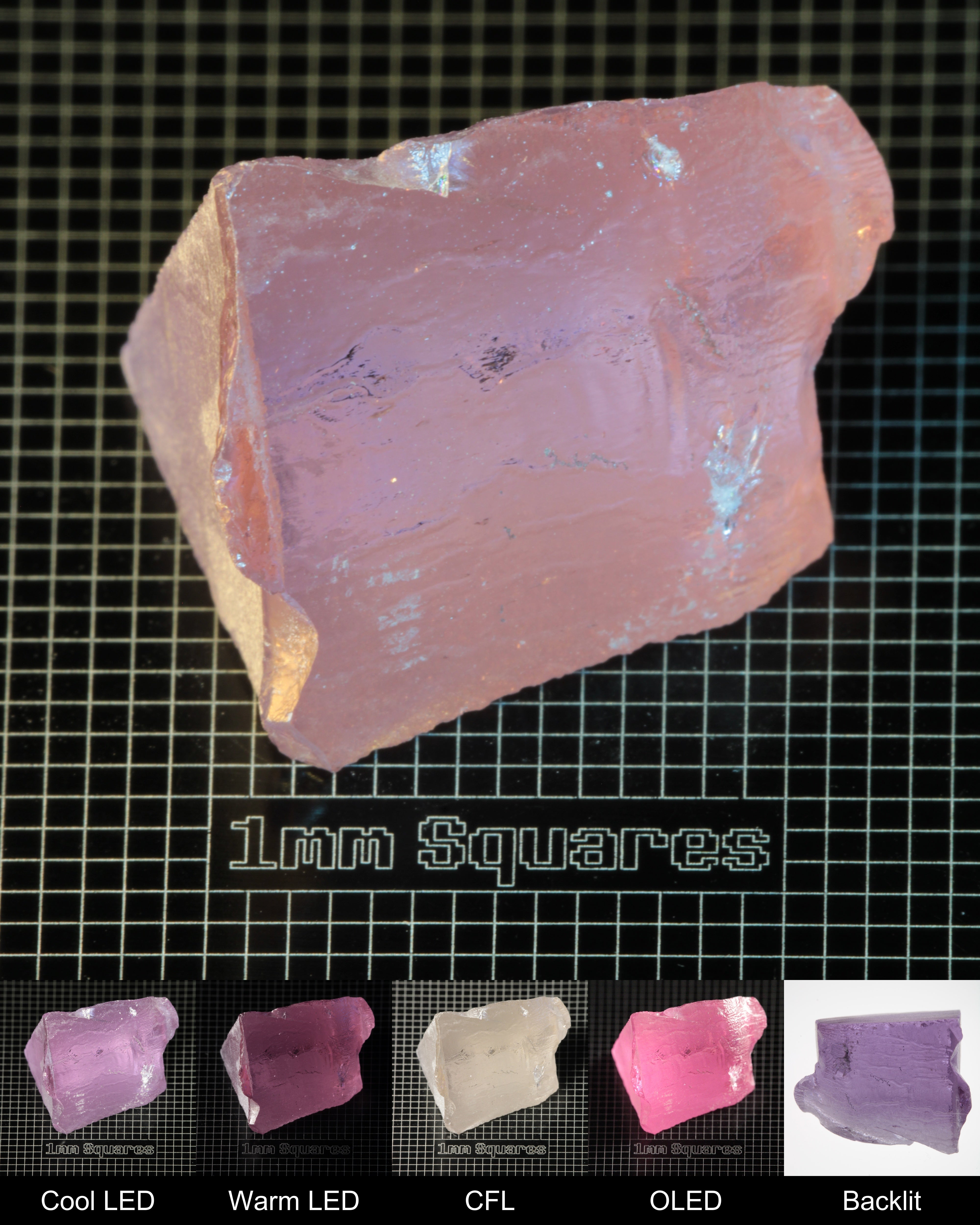 Nd:GGG Edge Block Gem Rough Under Multiple Lights Showing the Color Change