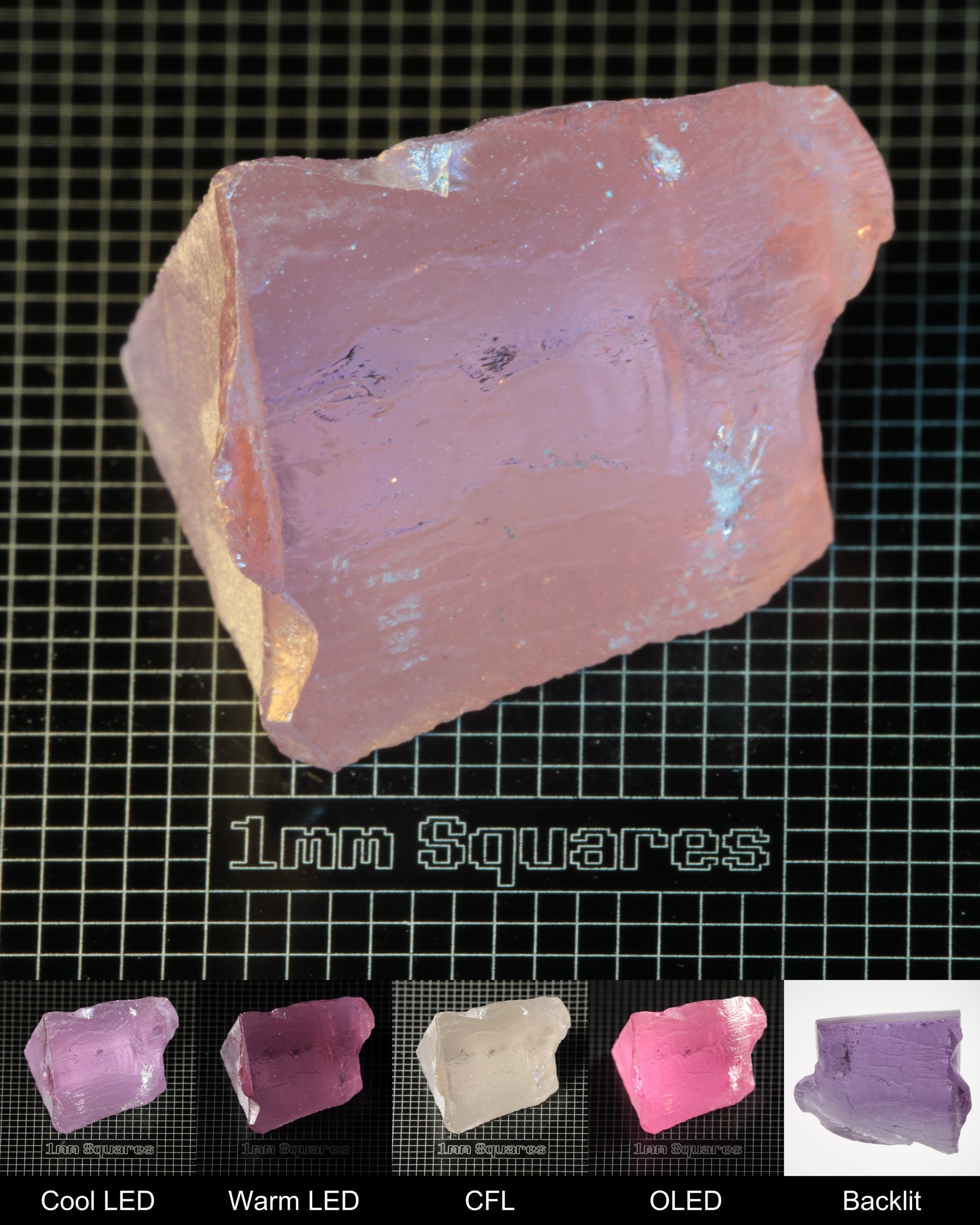 Nd:GGG Edge Block Gem Rough Under Multiple Lights Showing the Color Change