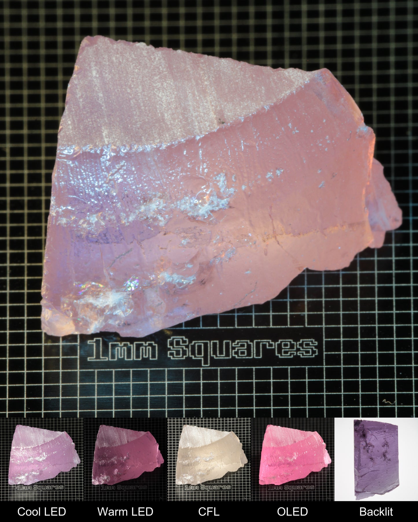 Nd:GGG Block Gem Rough Under Multiple Lights Showing the Color Change