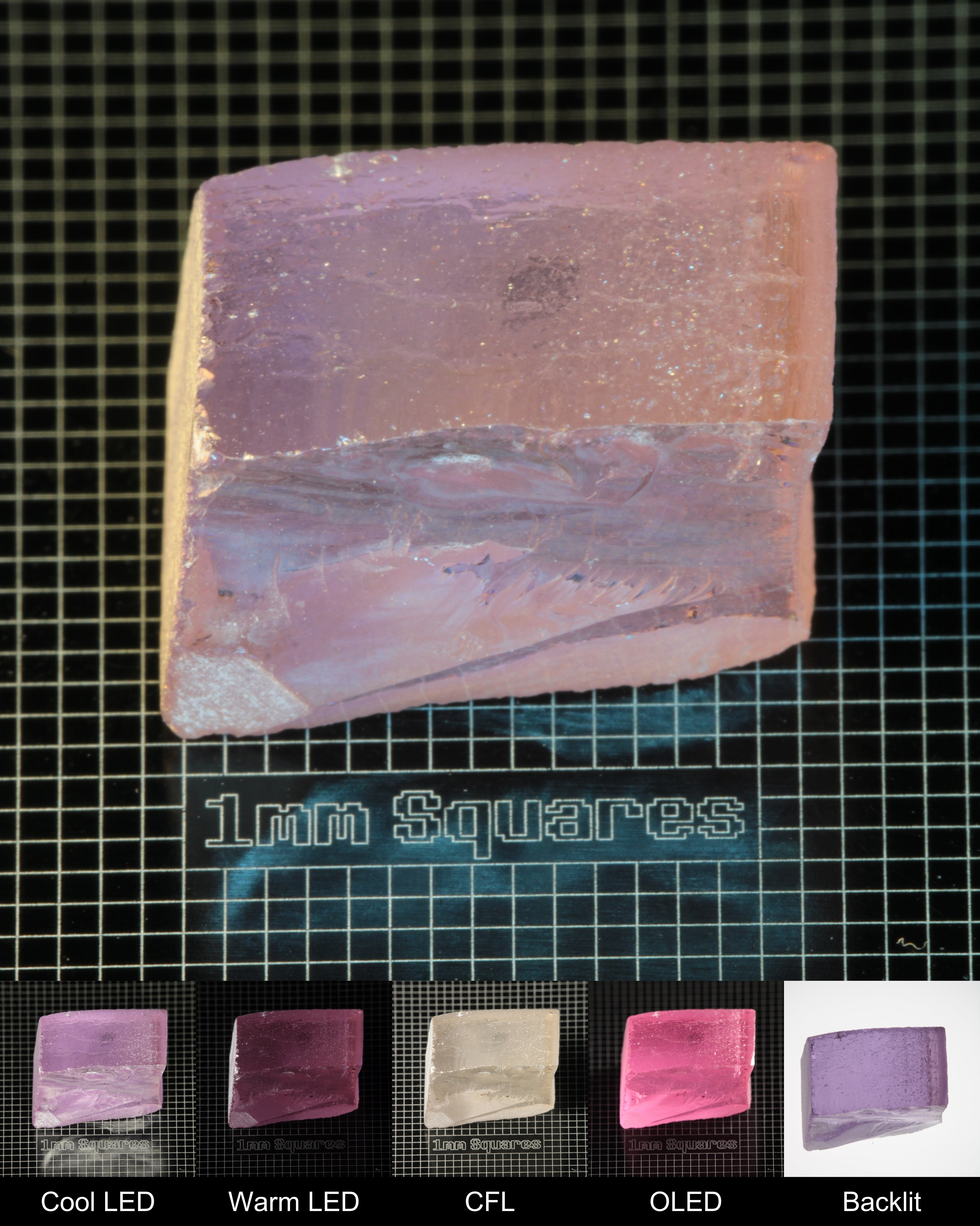 Nd:GGG Block Gem Rough Under Multiple Lights Showing the Color Change
