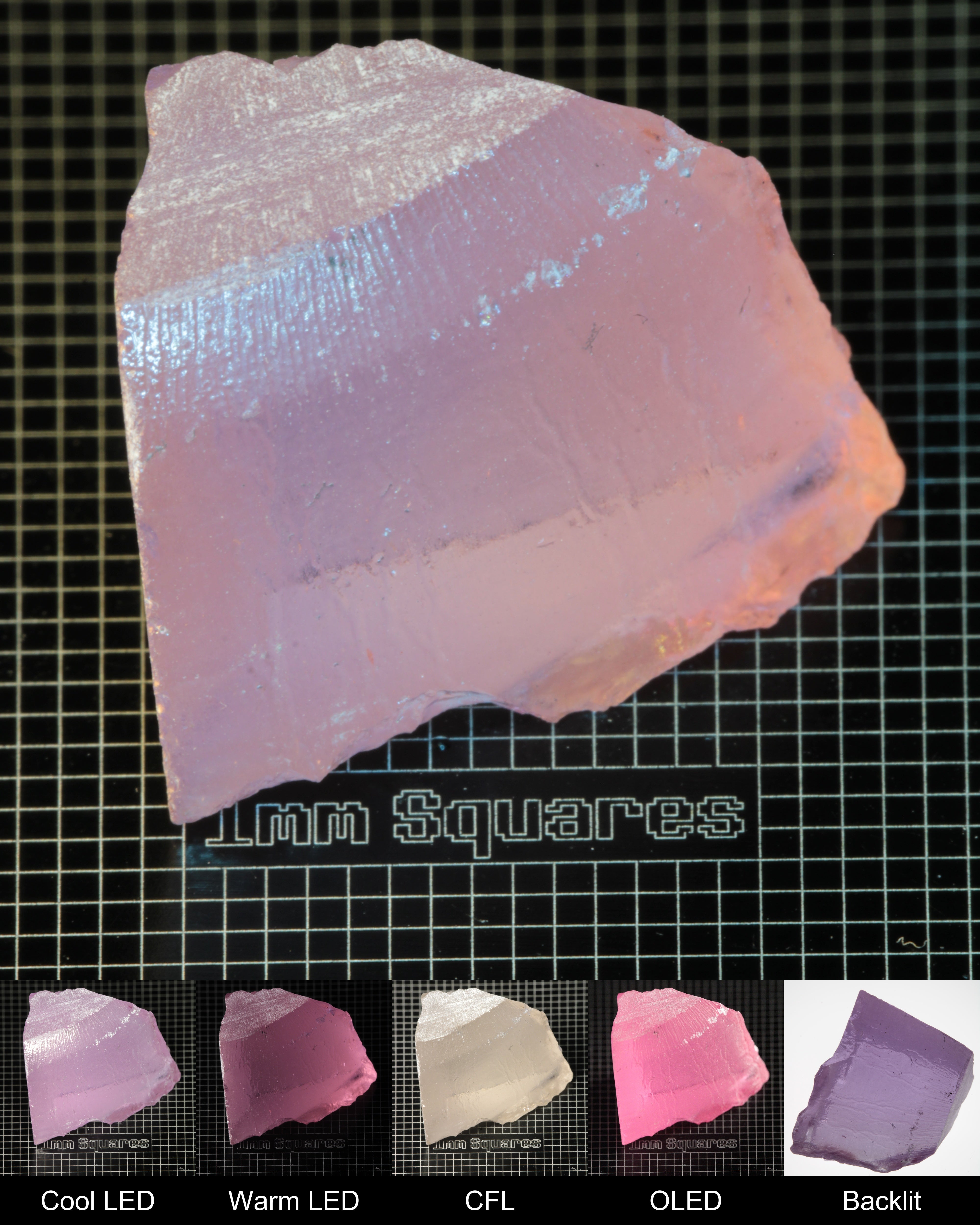 Nd:GGG Corner Block Gem Rough Under Multiple Lights Showing the Color Change