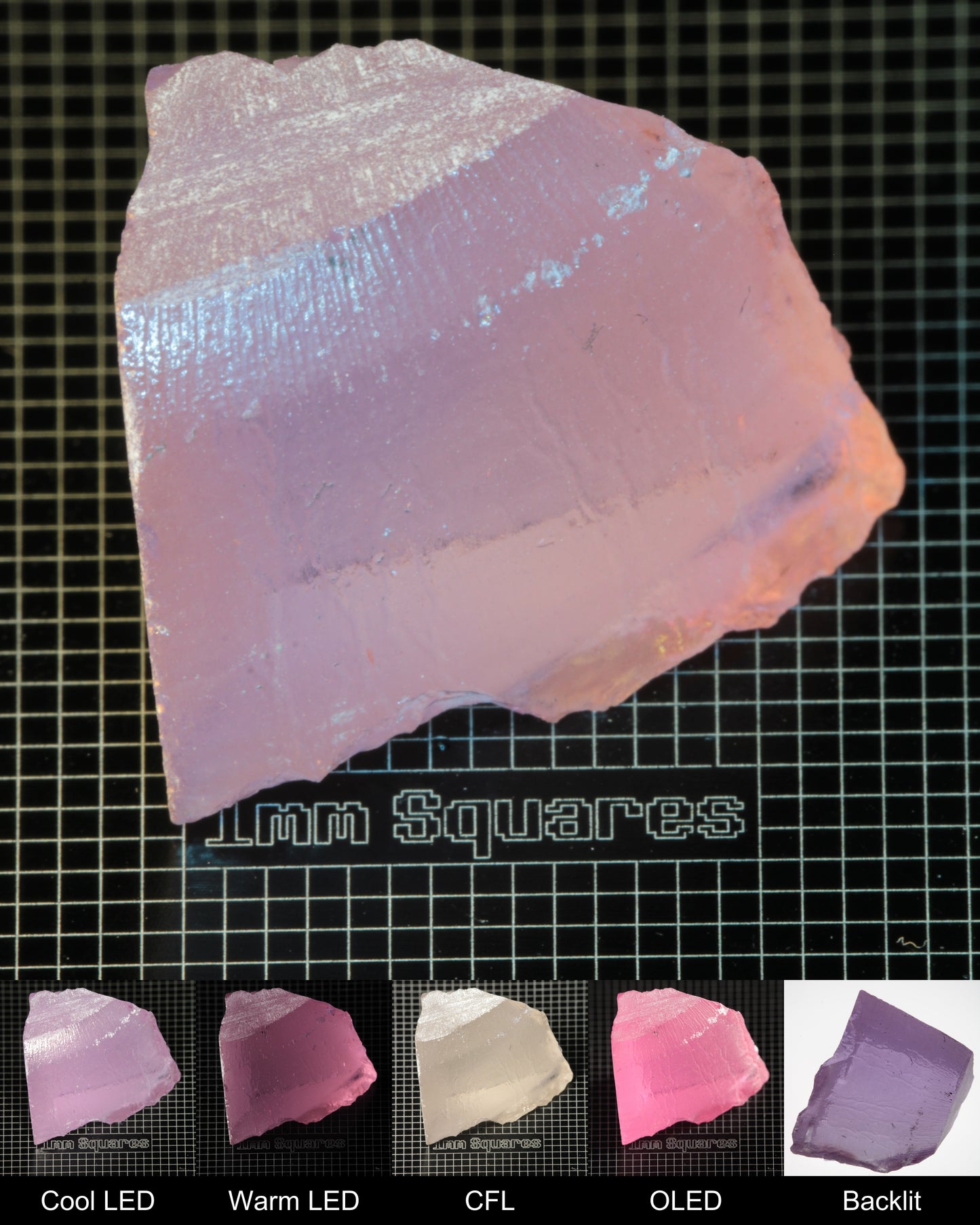 Nd:GGG Corner Block Gem Rough Under Multiple Lights Showing the Color Change