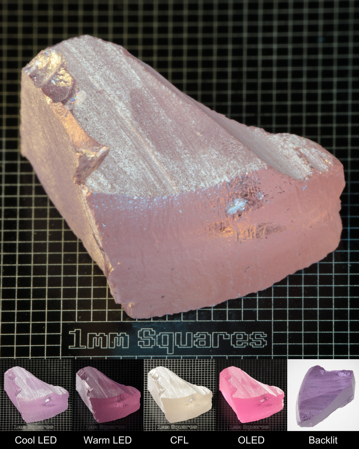 Nd:GGG Triangular Block Gem Rough Under Multiple Lights Showing the Color Change