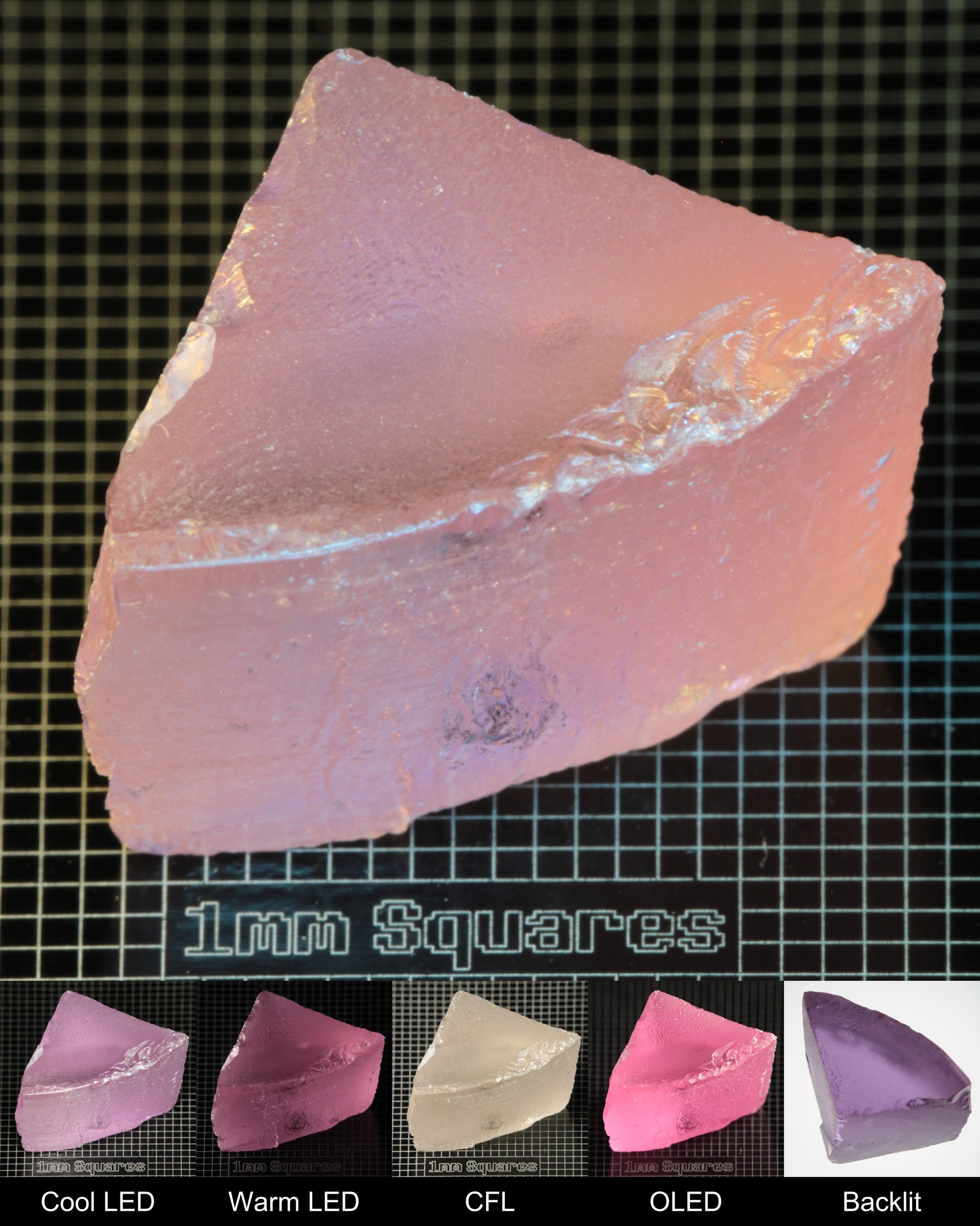 Nd:GGG Quarter Block Gem Rough Under Multiple Lights Showing the Color Change