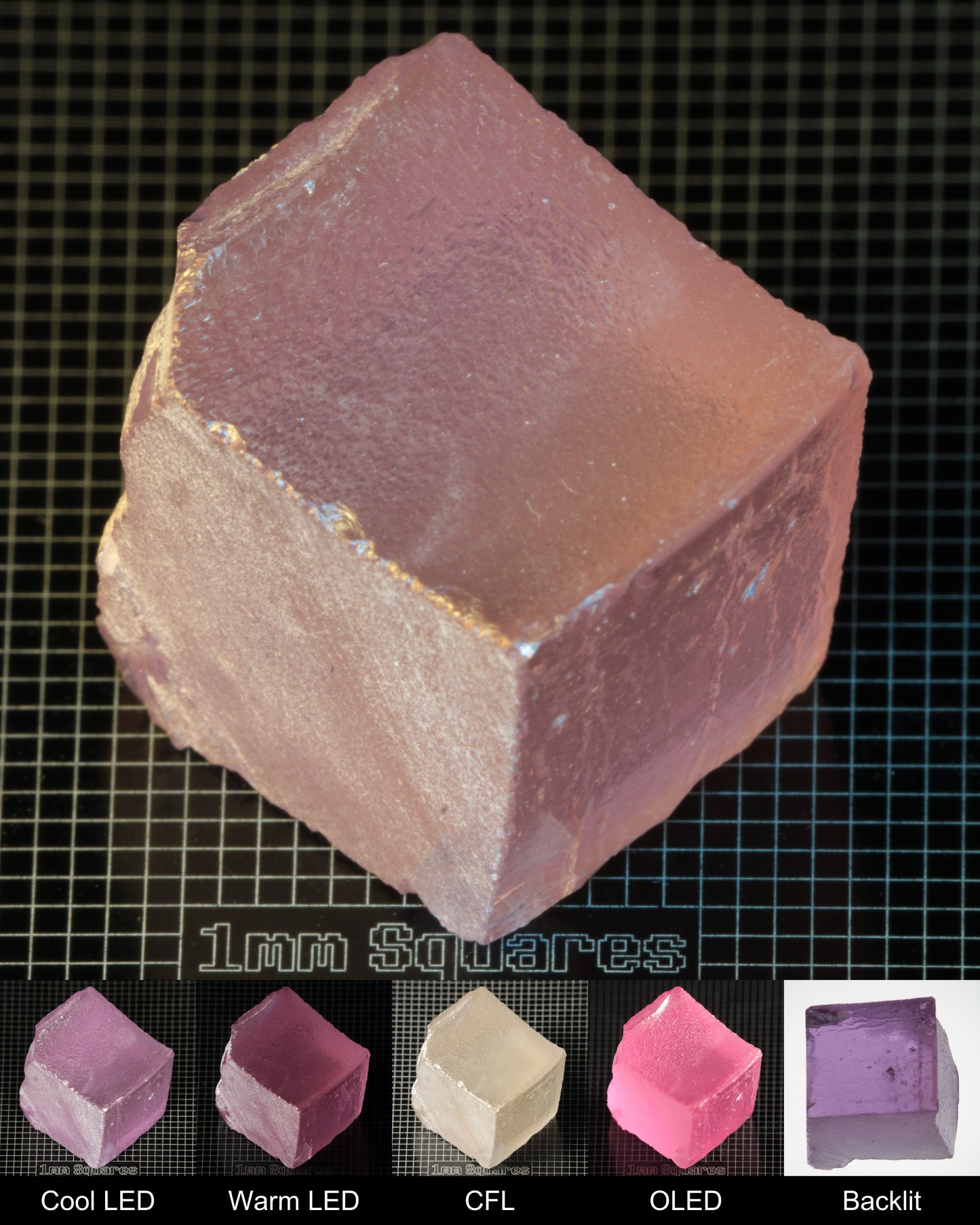 Nd:GGG Block Gem Rough Under Multiple Lights Showing the Color Change