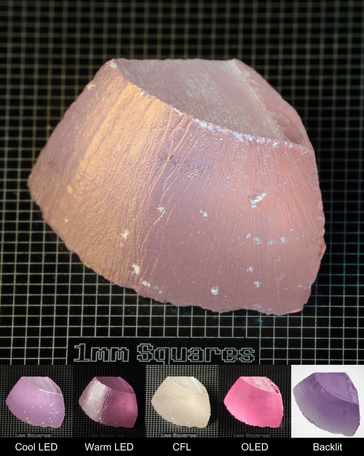 Nd:GGG Corner Block Gem Rough Under Multiple Lights Showing the Color Change