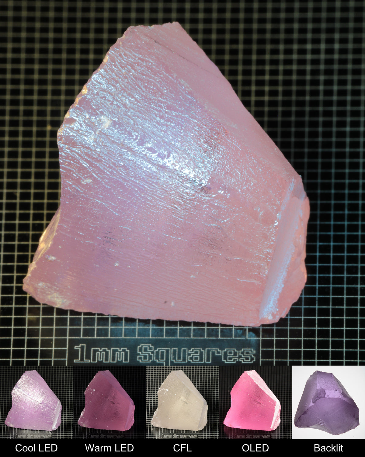 Nd:GGG Corner Block Gem Rough Under Multiple Lights Showing the Color Change