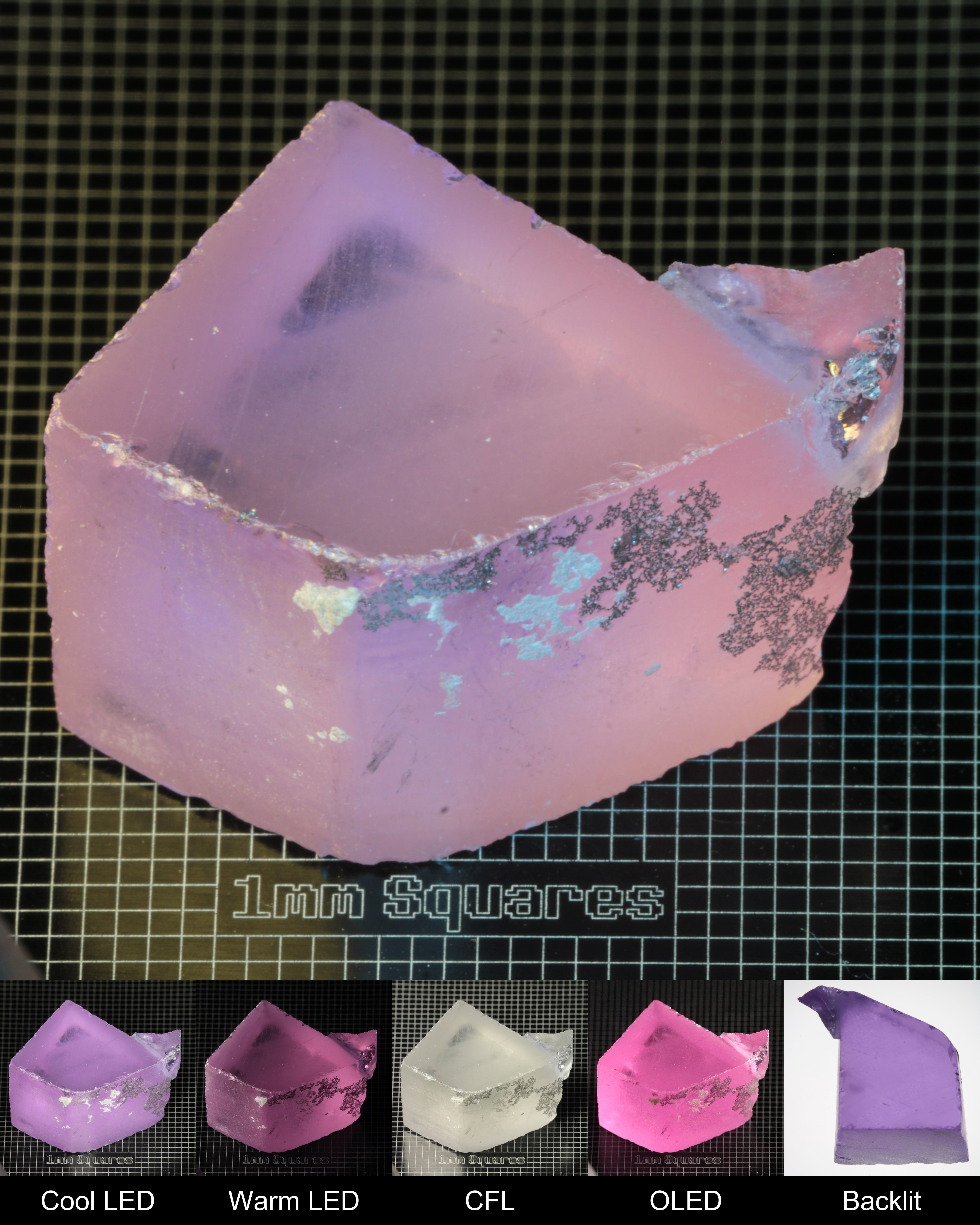 Nd:GGG Block Gem Rough Under Multiple Lights Showing the Color Change