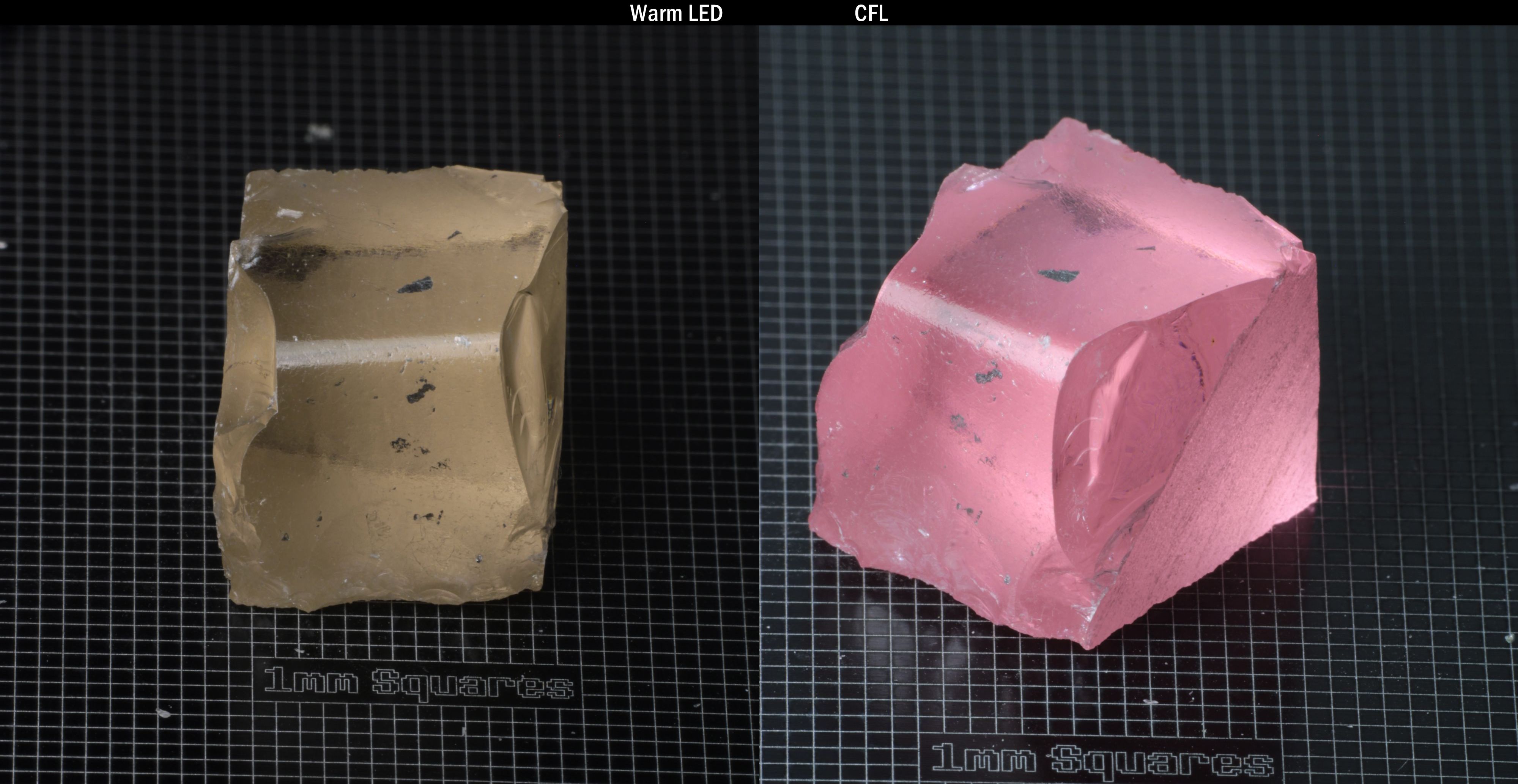 Individual piece of Nd/Er YAG, showing color change with the yellow color under warm LEDs on the left, and the pink color under CFL on the right.
