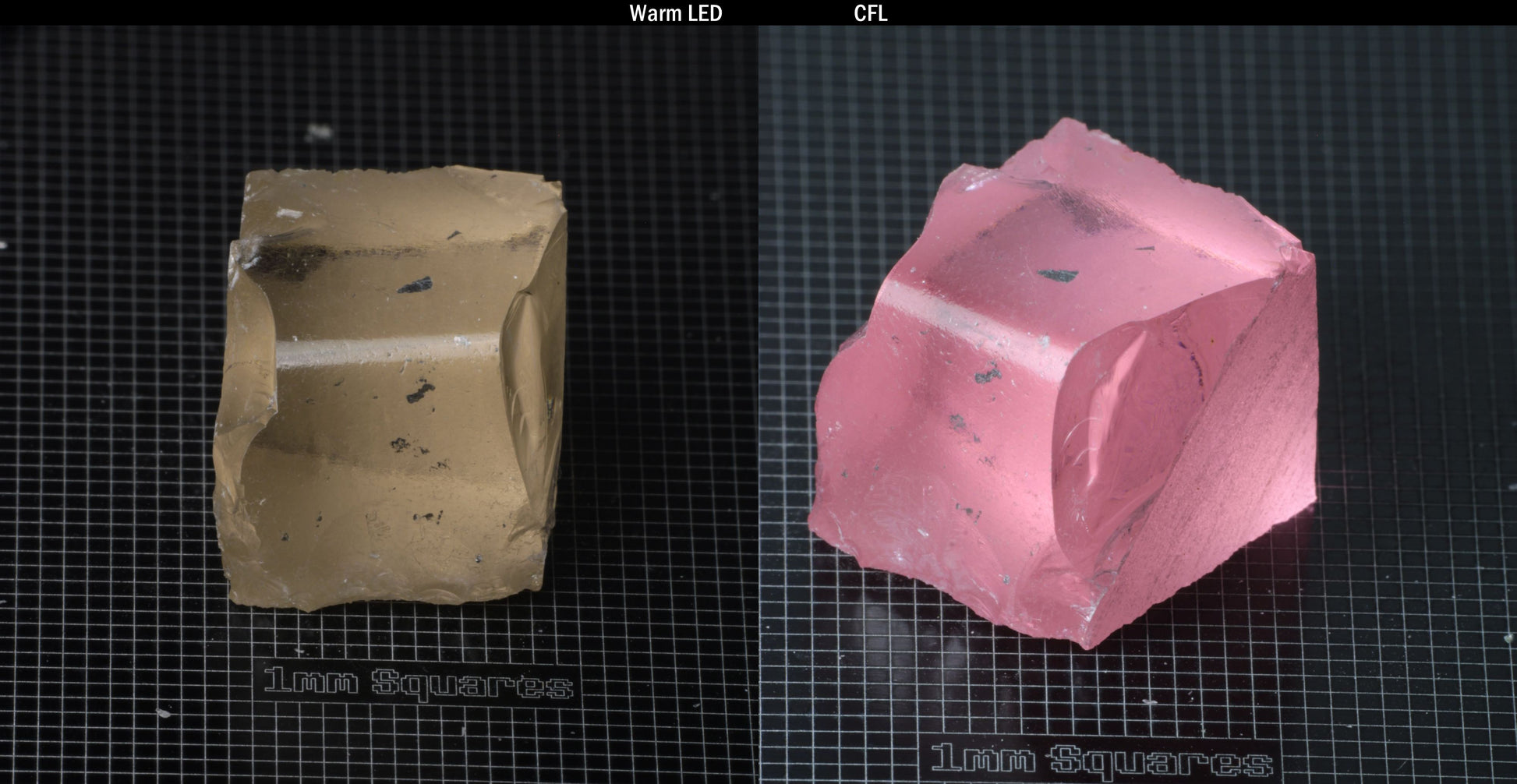 Individual piece of Nd/Er YAG, showing color change with the yellow color under warm LEDs on the left, and the pink color under CFL on the right.