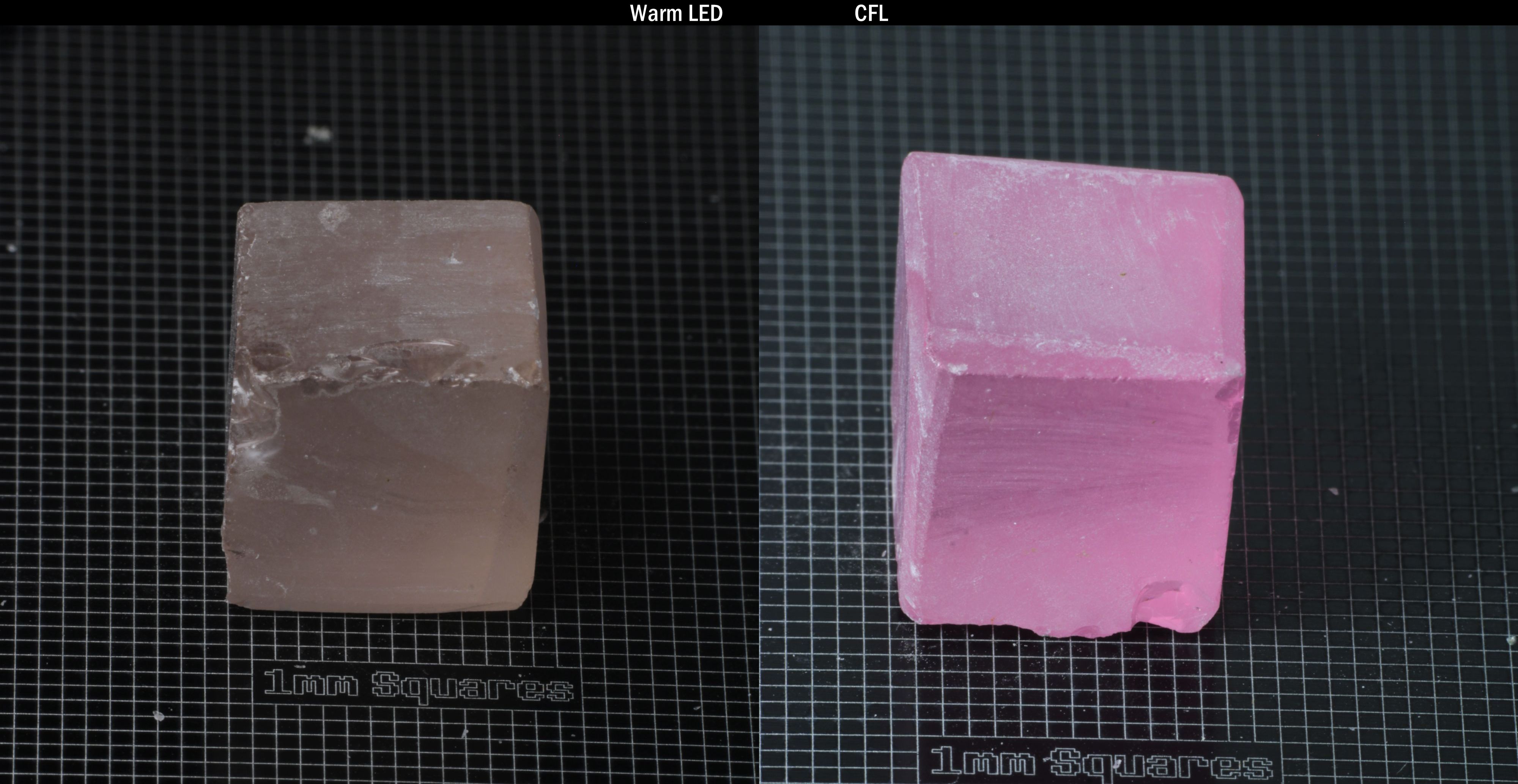 Individual piece of Nd/Er YAG, showing color change with the yellow color under warm LEDs on the left, and the pink color under CFL on the right.