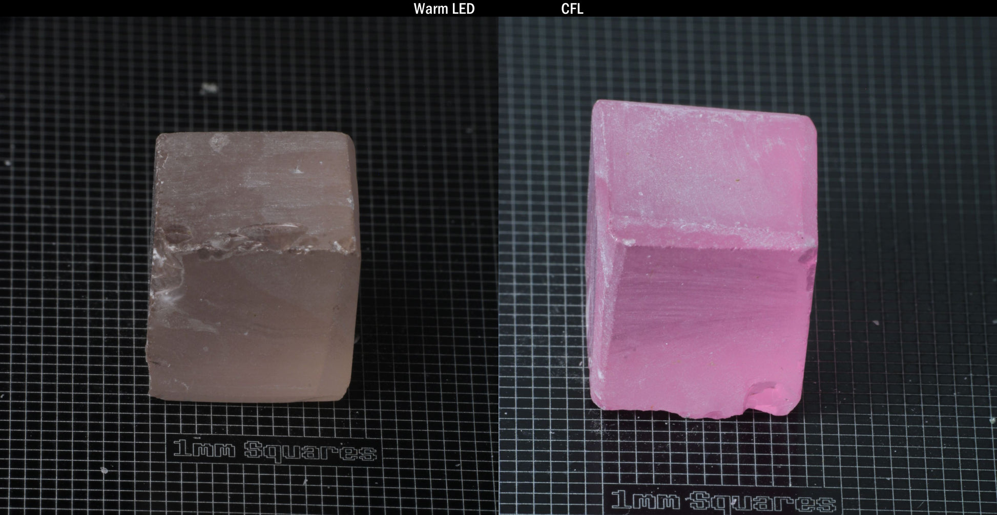 Individual piece of Nd/Er YAG, showing color change with the yellow color under warm LEDs on the left, and the pink color under CFL on the right.