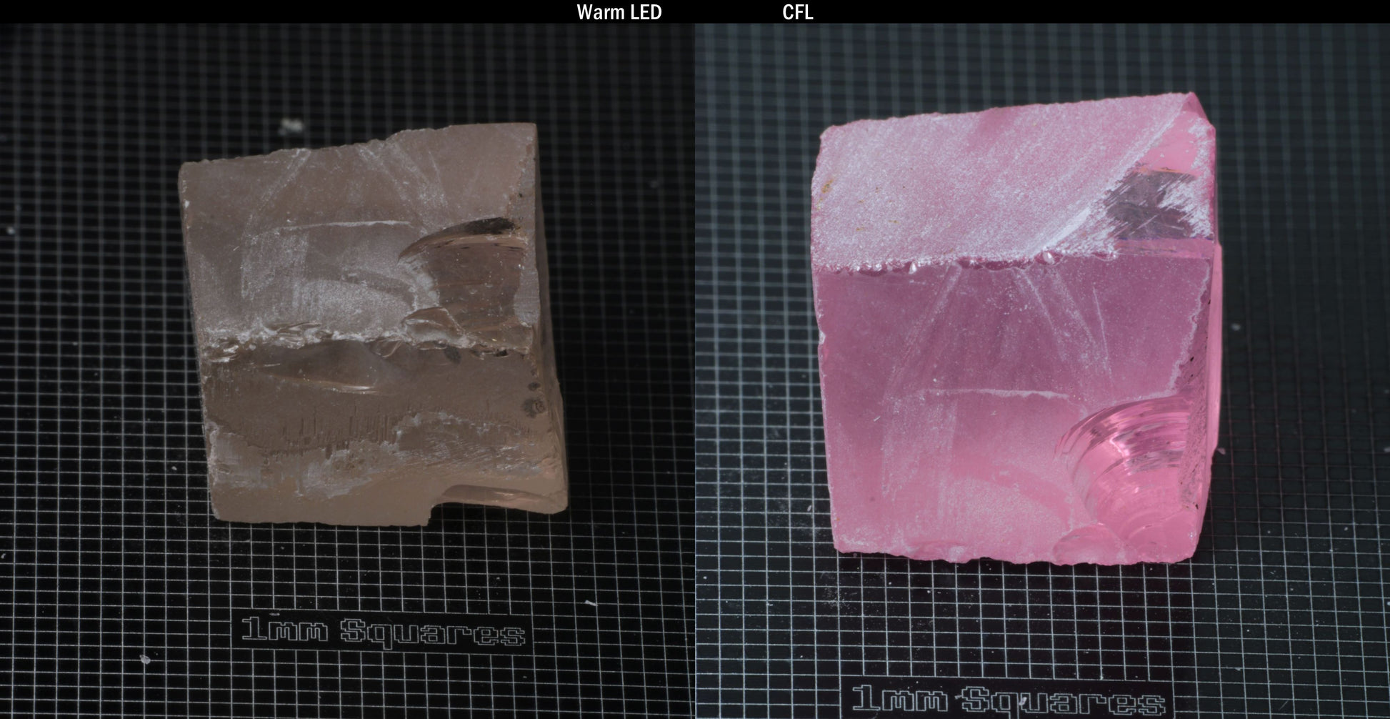 Individual piece of Nd/Er YAG, showing color change with the yellow color under warm LEDs on the left, and the pink color under CFL on the right.
