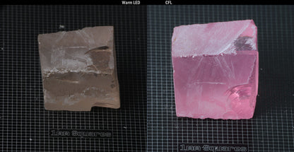 Individual piece of Nd/Er YAG, showing color change with the yellow color under warm LEDs on the left, and the pink color under CFL on the right.
