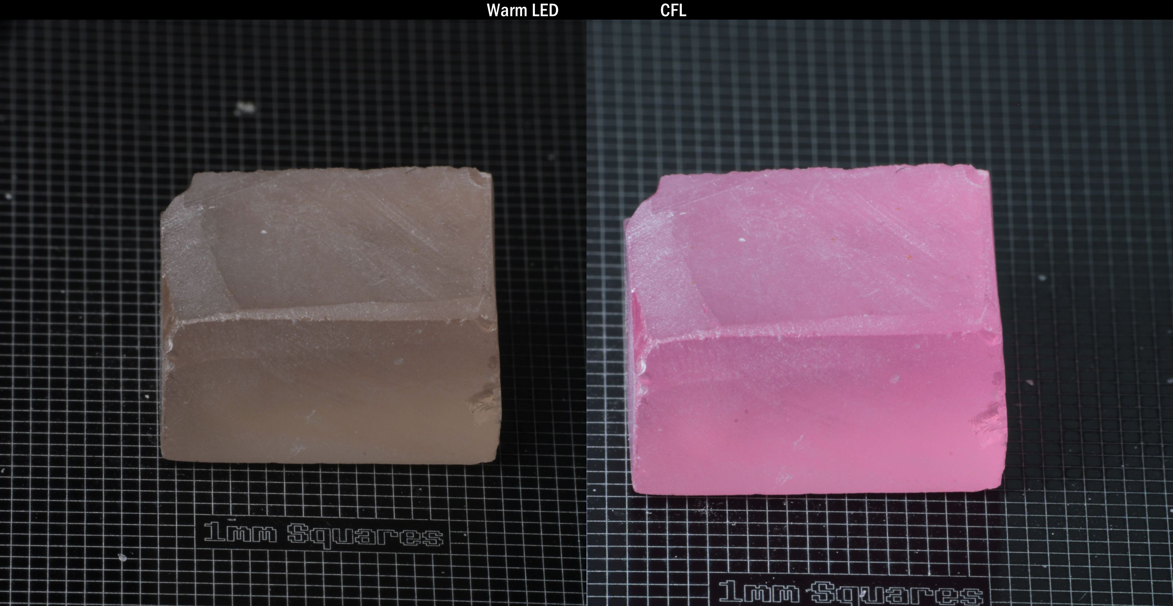 Individual piece of Nd/Er YAG, showing color change with the yellow color under warm LEDs on the left, and the pink color under CFL on the right.