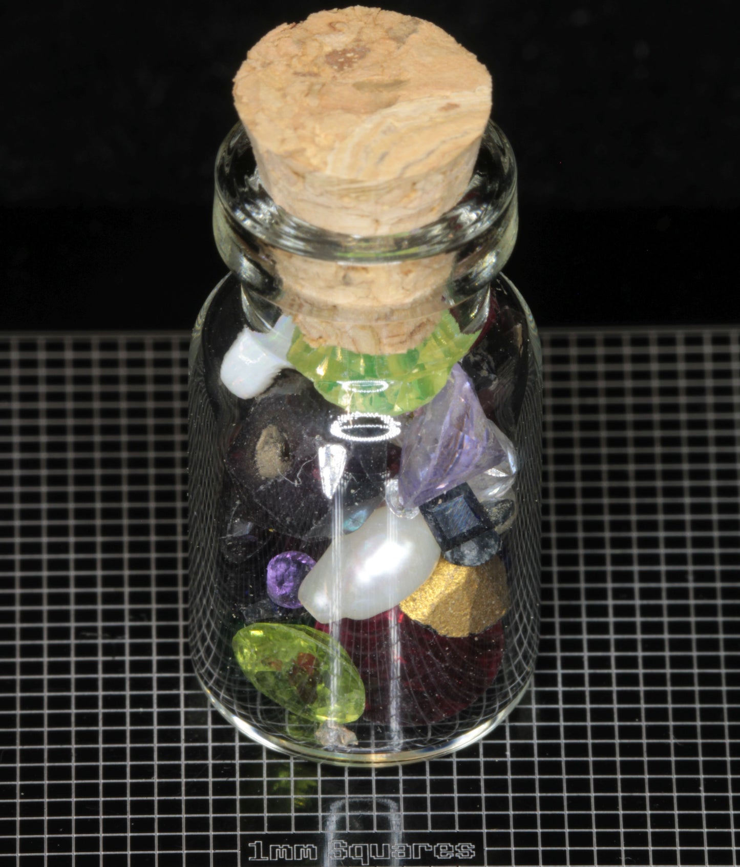 Gem Vials: Natural Kornerupine, Garnet, and Tunduru stones, mixed Popout Stones and Pearls