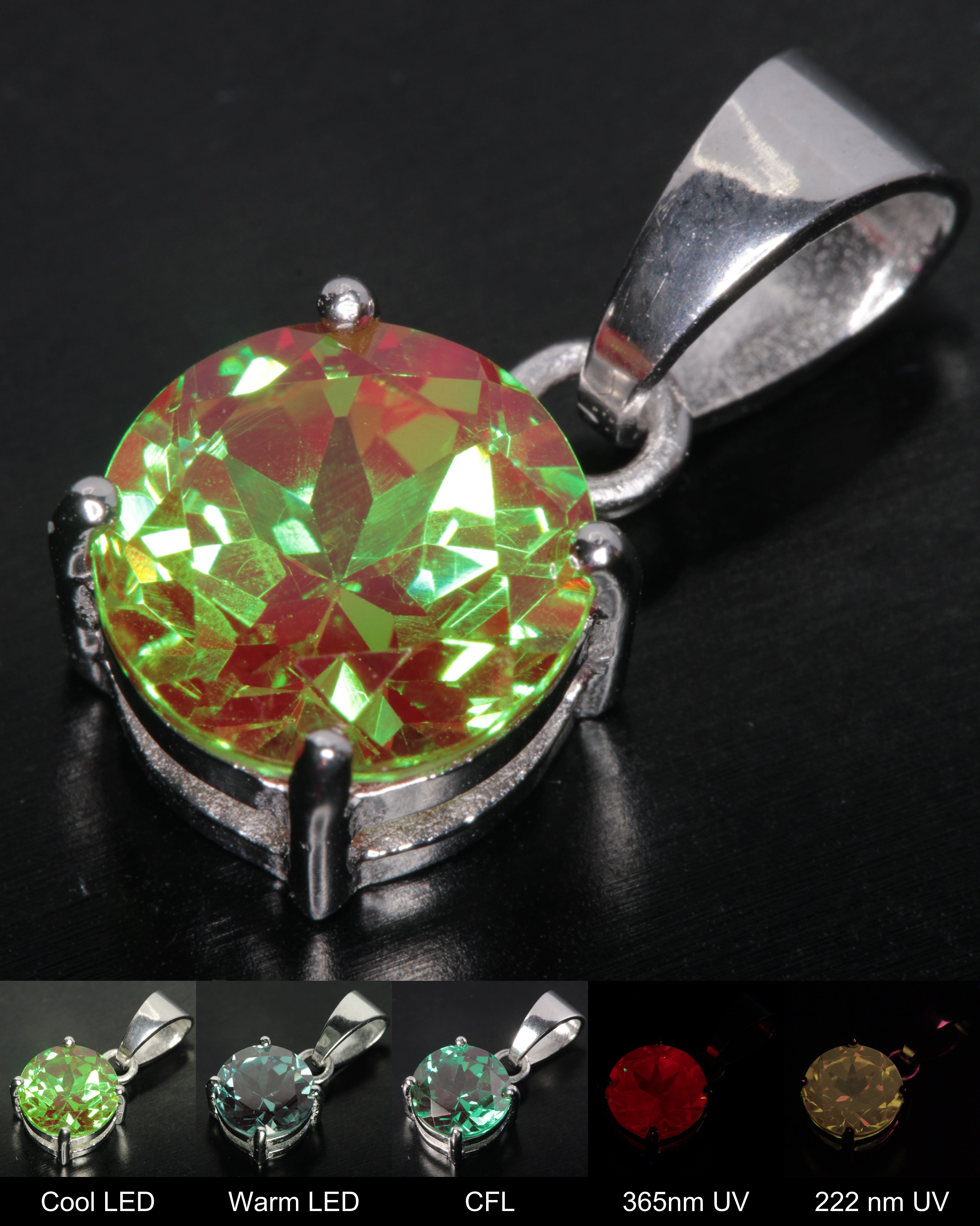 Space Laser Garnet Pendant Shown under different lighting conditions