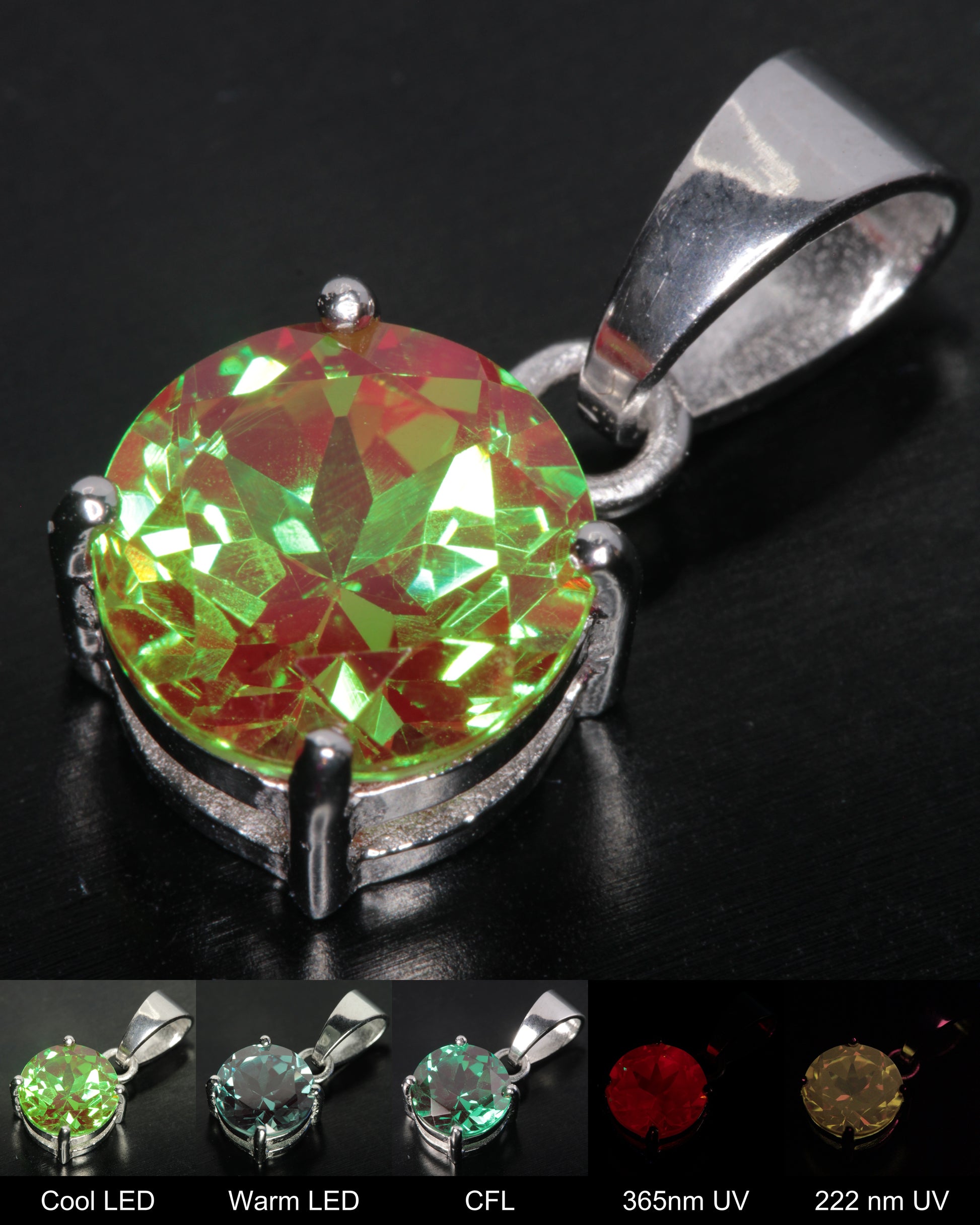 Space Laser Garnet Pendant Shown under different lighting conditions