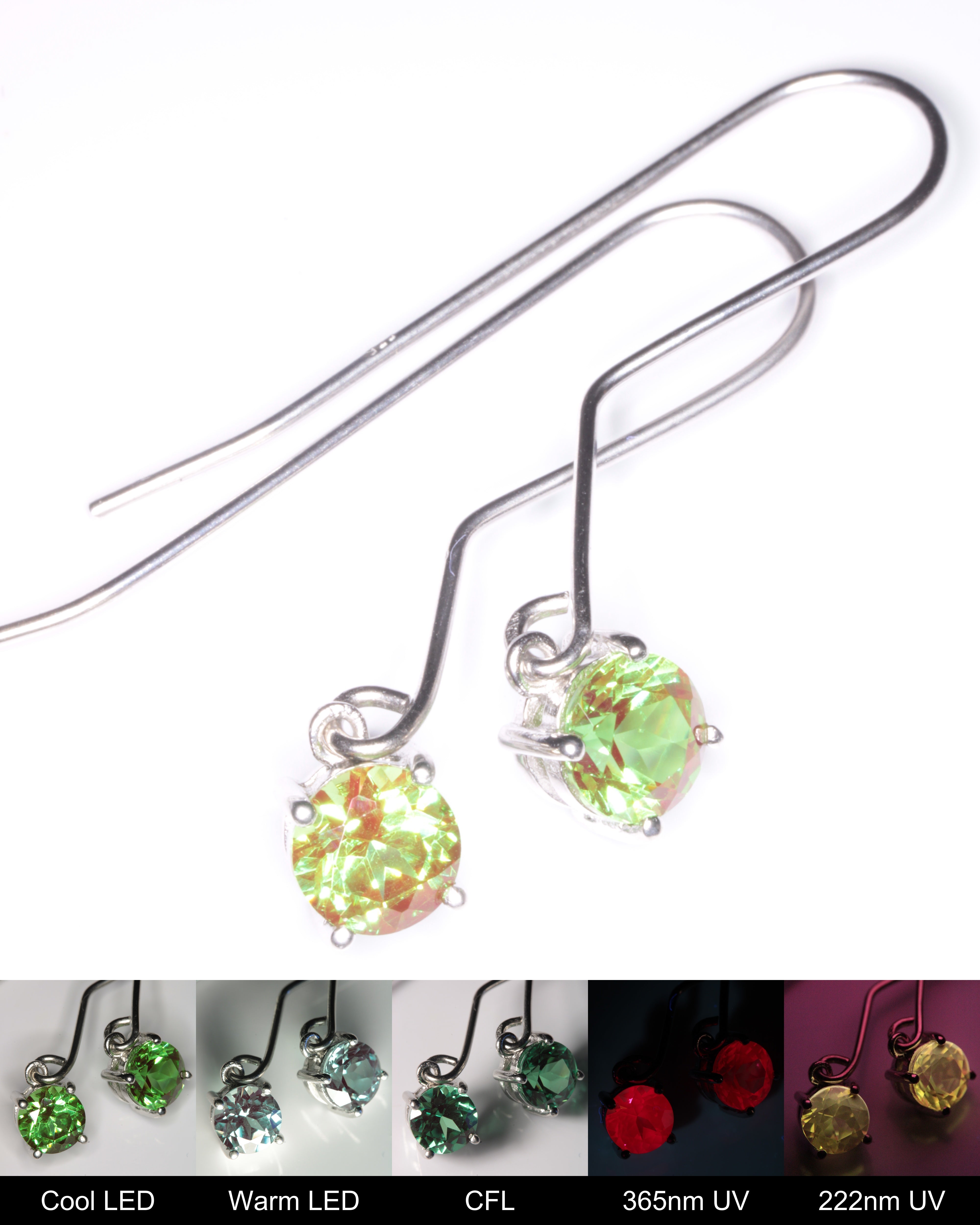 Space Laser Garnet Dangle Earrings under different lighting conditions, showing yellow/white glow under 222 nm UV