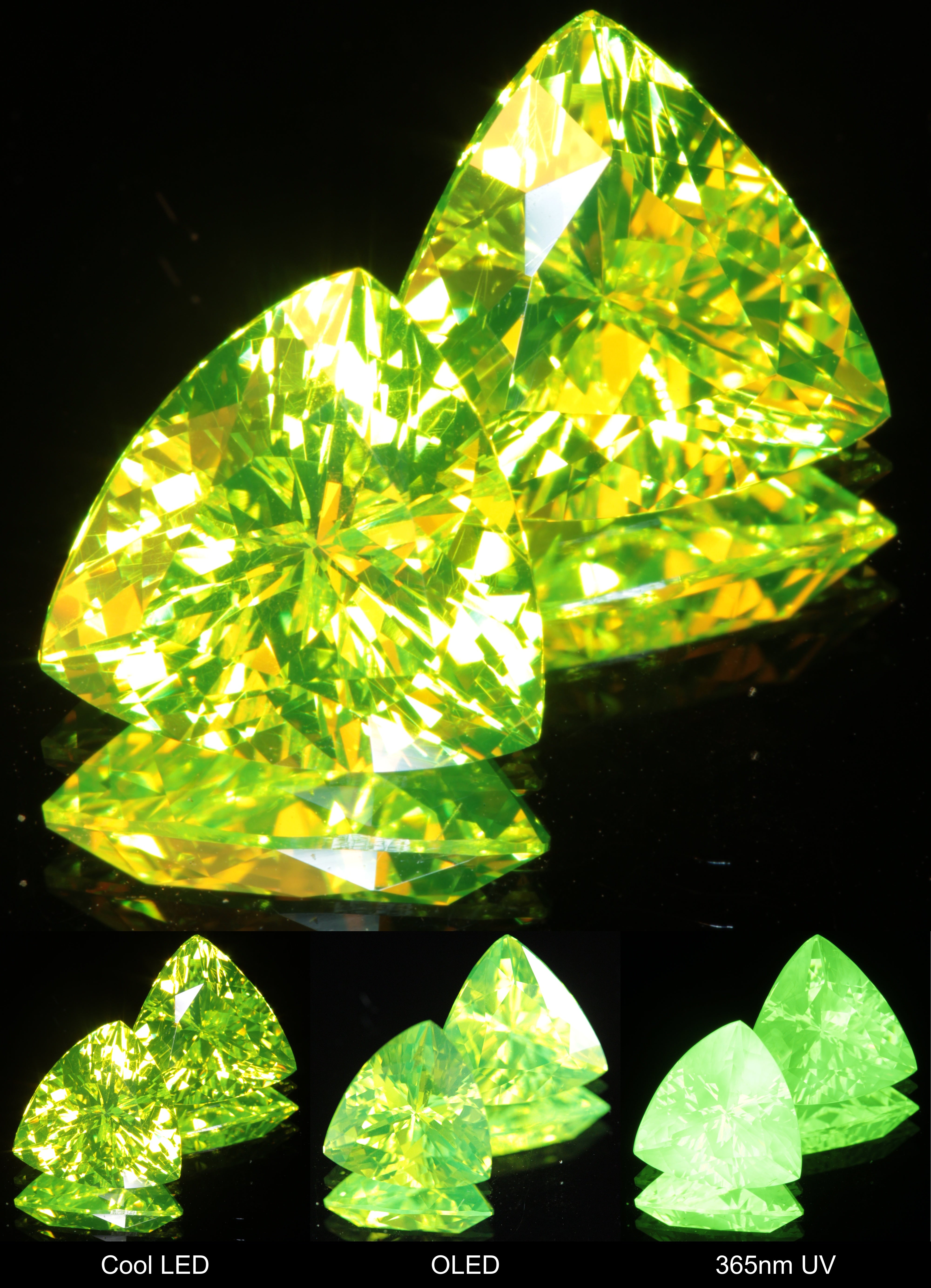Neon Green 10 mm Trillion Cut LuAG Lumogarnet Gem on a Mirror Background
