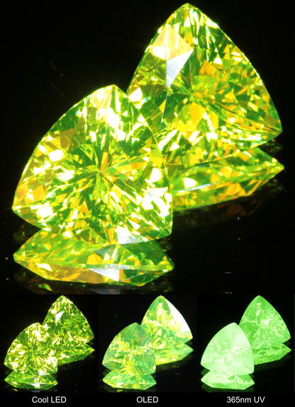 Neon Green 10 mm Trillion Cut LuAG Lumogarnet Gem on a Mirror Background