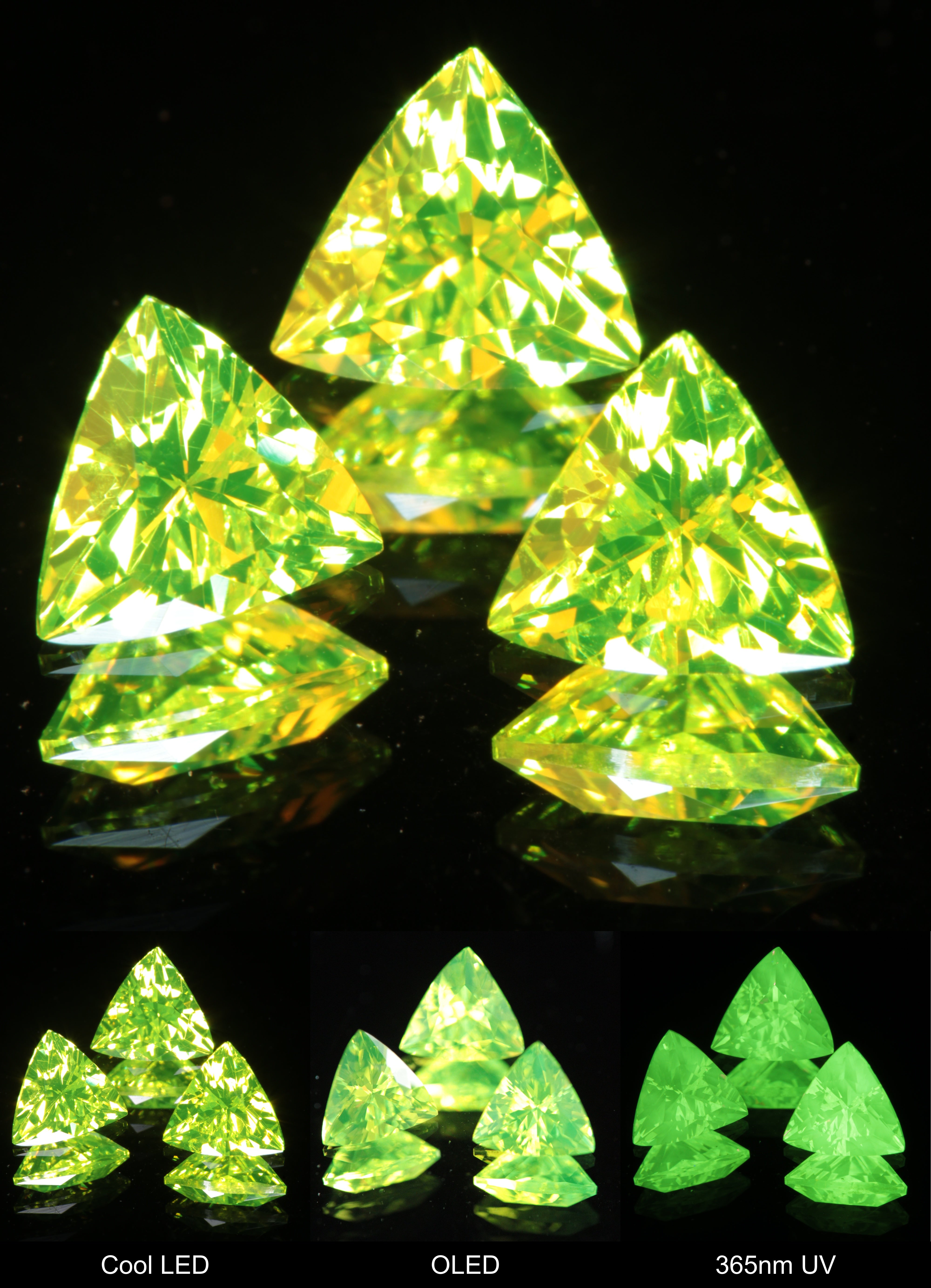Neon Green 5 mm Trillion Cut LuAG Lumogarnet Gem on a Mirror Background