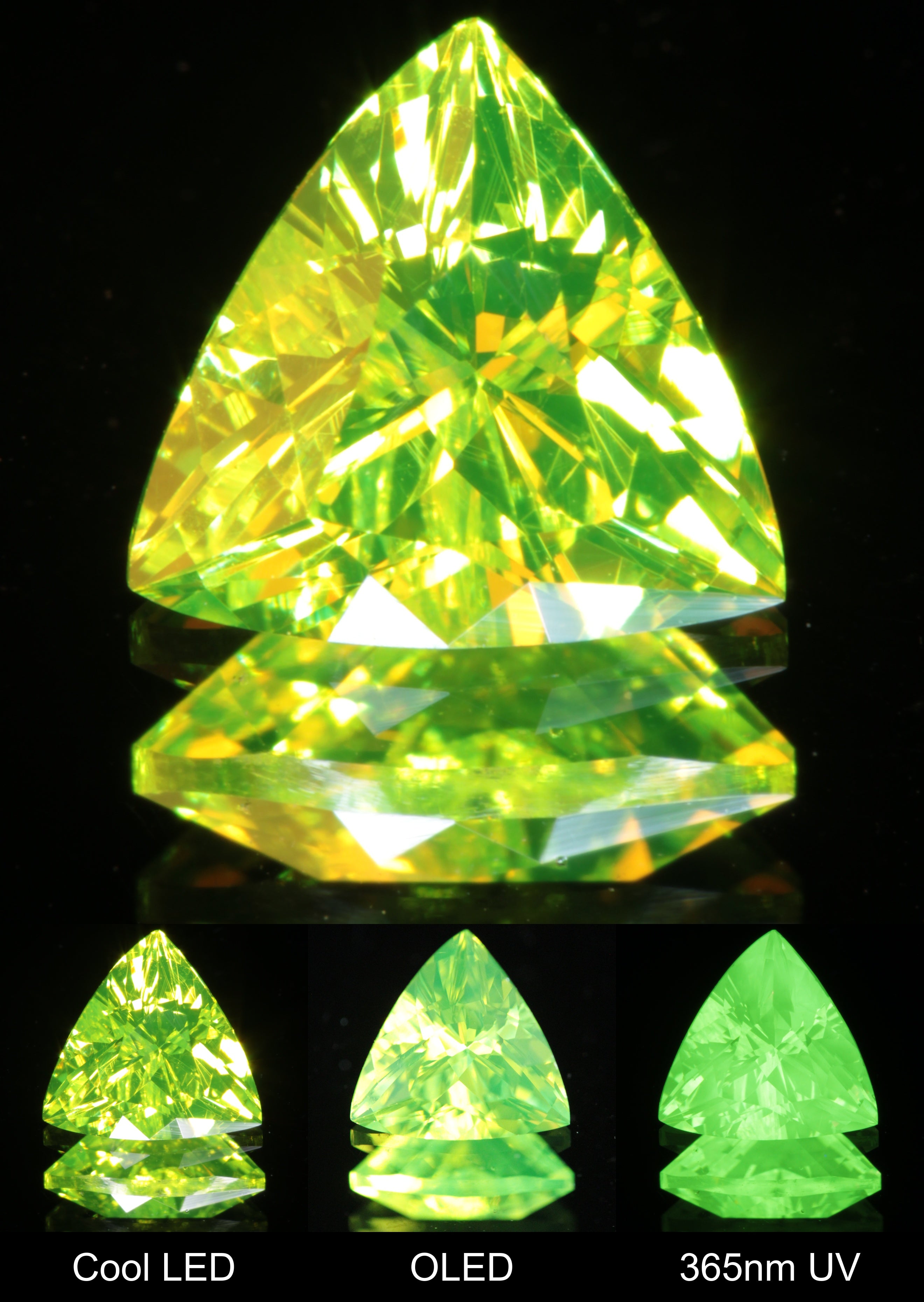 Neon Green 6 mm Trillion Cut LuAG Lumogarnet Gem on a Mirror Background