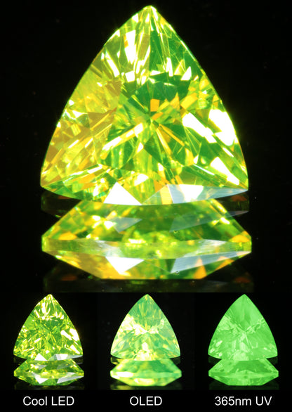 Neon Green 6 mm Trillion Cut LuAG Lumogarnet Gem on a Mirror Background