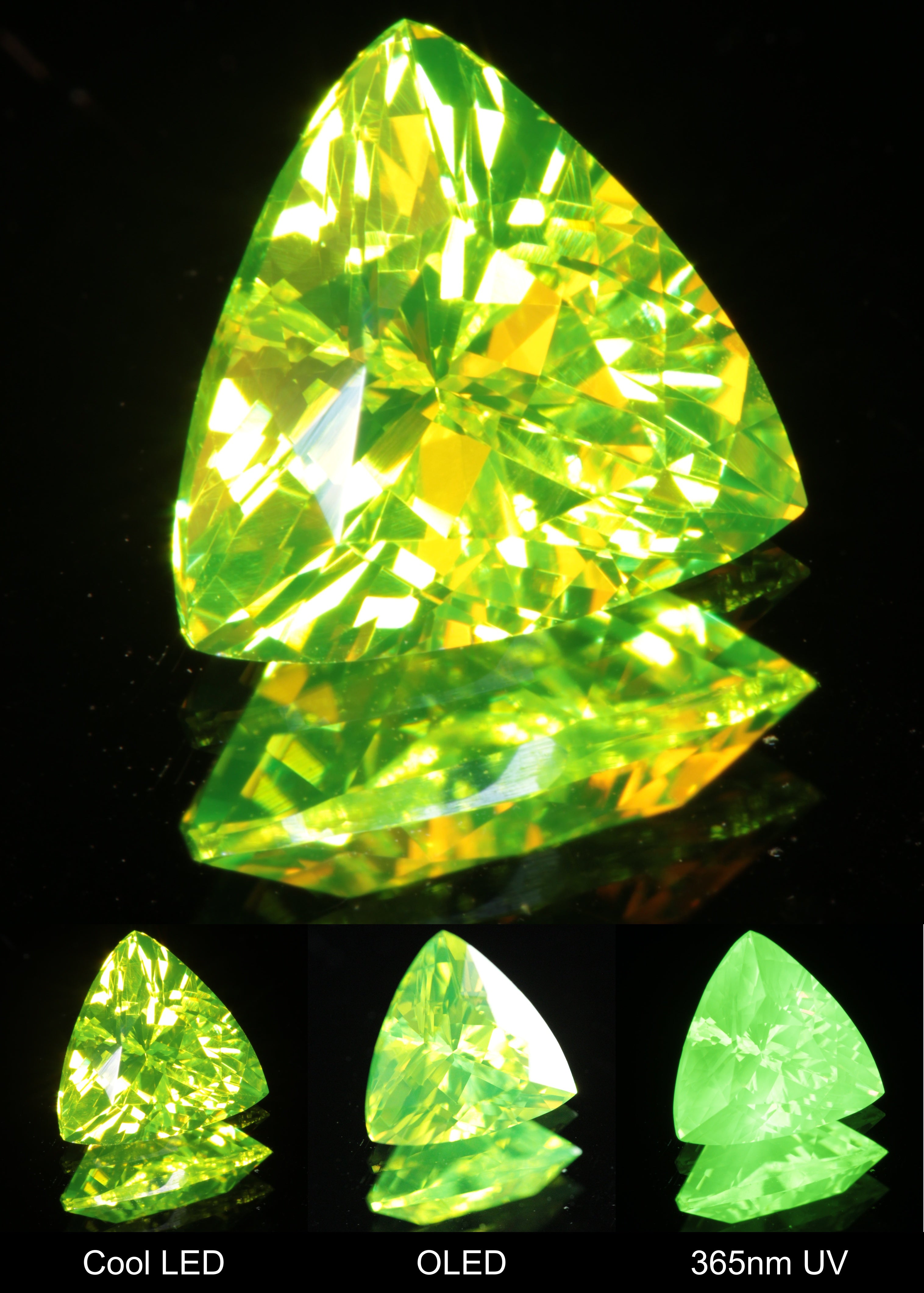 Neon Green 7 mm Trillion Cut LuAG Lumogarnet Gem on a Mirror Background